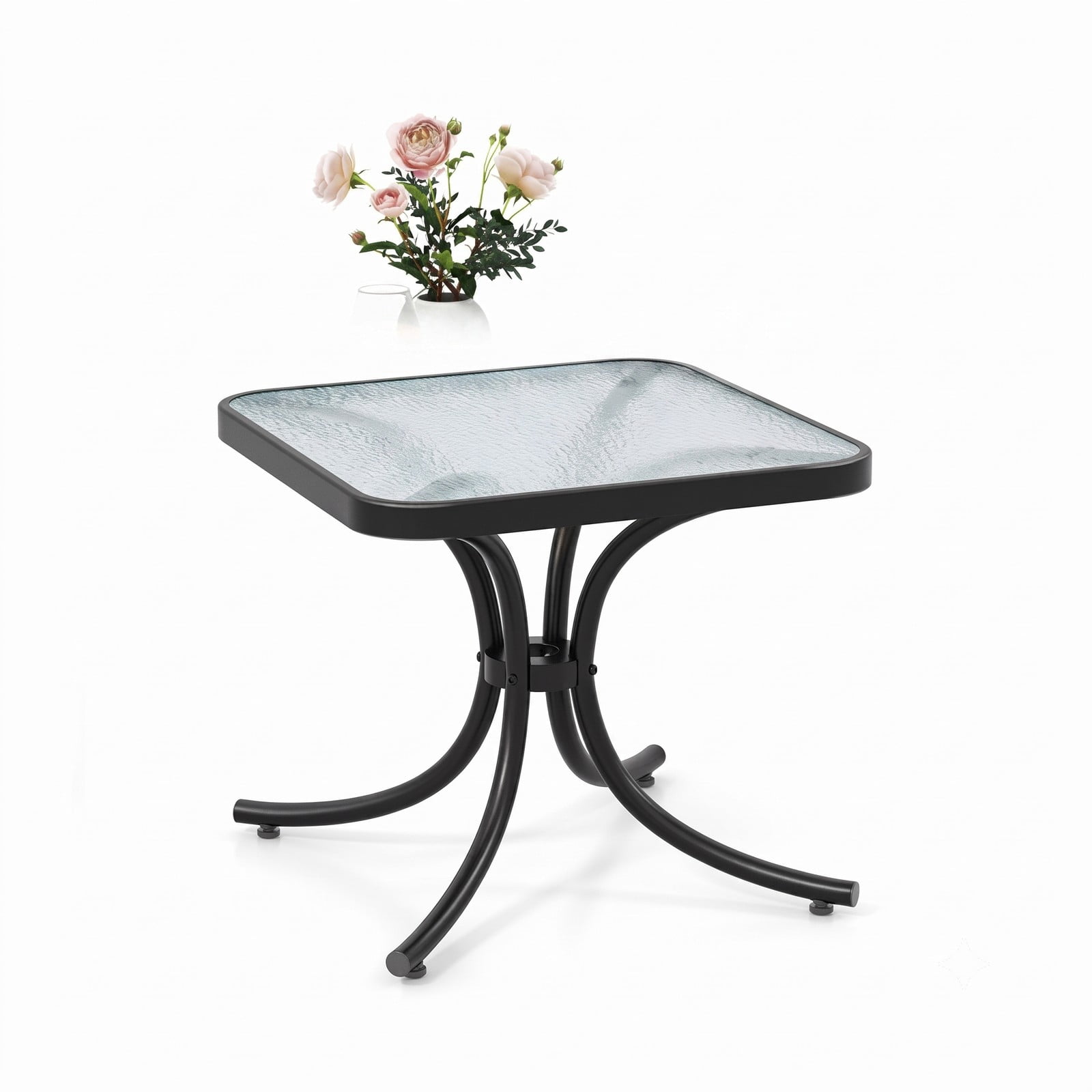 Furnibear 20 Inch Square Tempered Glass Top Coffee Table with Heavy-Duty Metal Frame for Garden Poolside and Living Room, Black