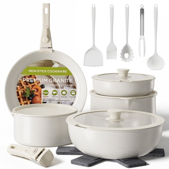 Furnibear 20pcs Pots and Pans Set Nonstick, Kitchen Ceramic Cookware Set for RV and Camping, with Pots Protectors and Cooking Utensils, White