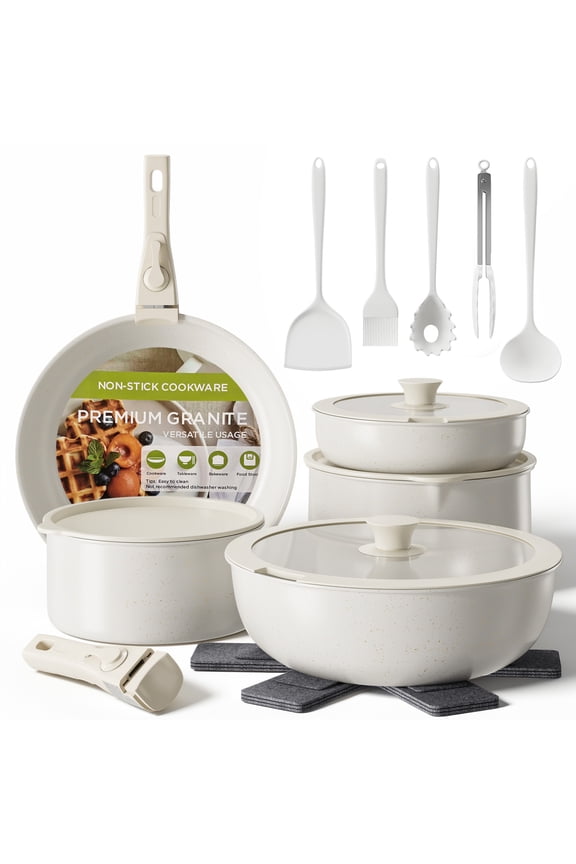 20pcs Pots and Pans Set Nonstick, Kitchen Ceramic Cookware Set for RV and Camping, with Pots Protectors and Cooking Utensils, White