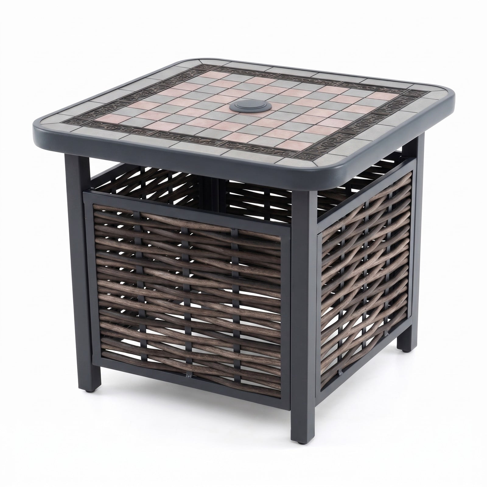 Furnibear 21.5 Inch Square Outdoor PE Rattan Patio Side Table with Umbrella Hole for the Backyard and Poolside, Black and Brown