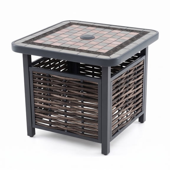 Furnibear 21.5 Inch Square Outdoor PE Rattan Patio Side Table with Umbrella Hole for the Backyard and Poolside, Black and Brown