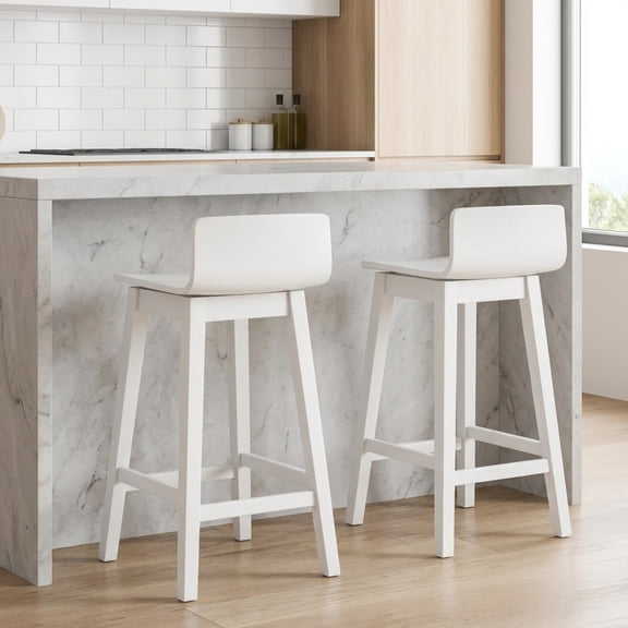 Furnibear 24.5 Inch Swivel Wooden Bar Stools Set of 2 with Rubber Wood Legs and Low Back, White