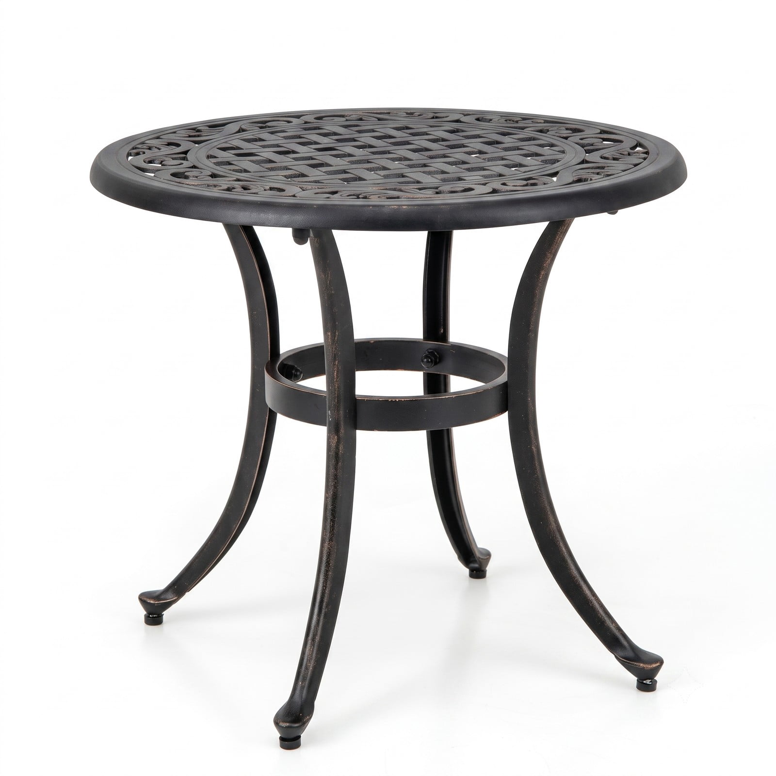Furnibear 24 Inch Round Cast Aluminum Patio Side Table with Adjustable Footpads for Poolside and Backyard, Antique Brown