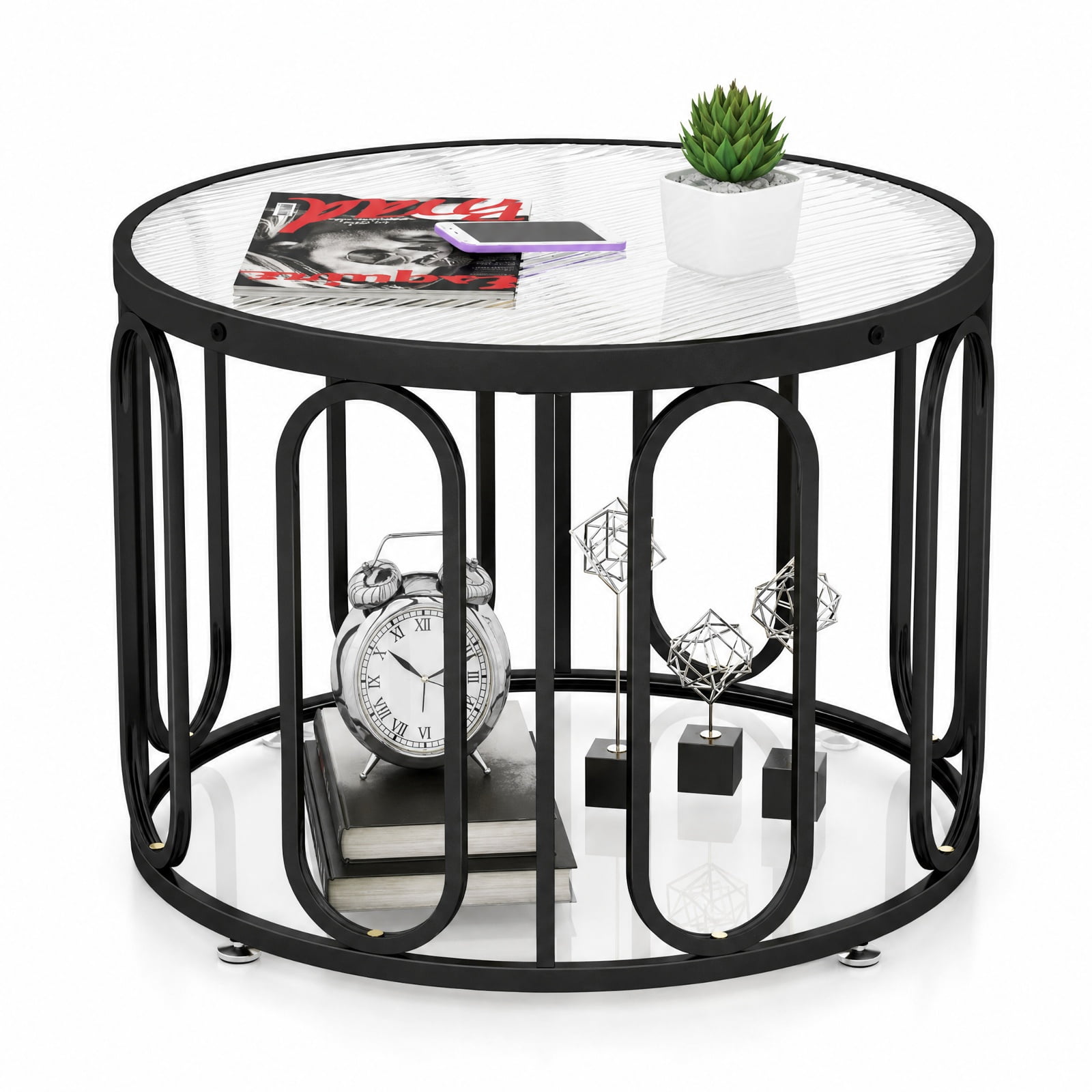 Furnibear 24 Inch Round Coffee Table with Reeded Tempered Glass Top and Oval Swivel Brackets a Modern Small Living Room Glass Center Table, Black