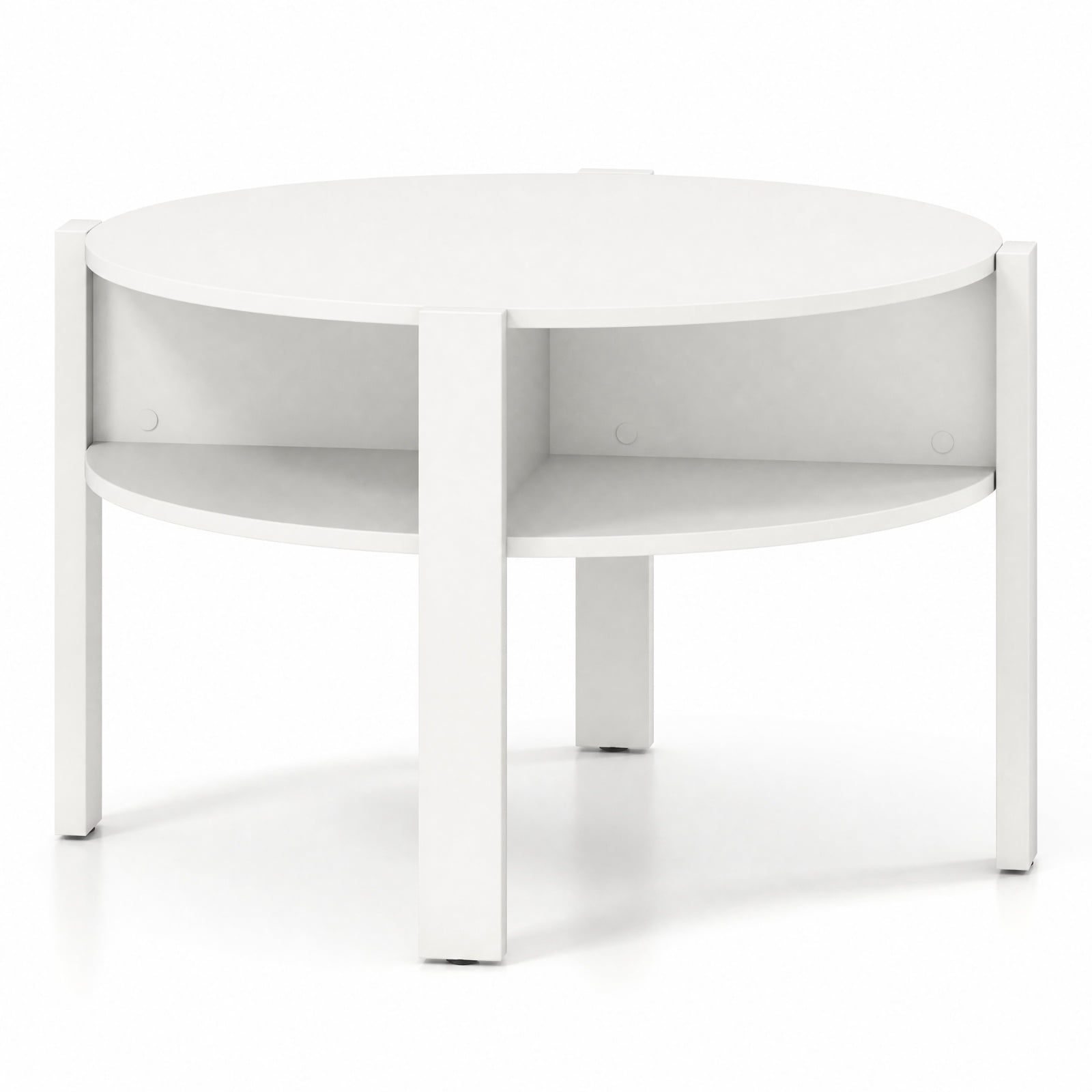 Furnibear 29.5 Inch Round Coffee Table with Side Storage Shelves and Open Base a Compact Living Room Center Table for Small Spaces, White