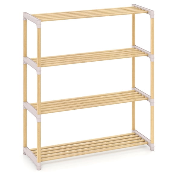 Furnibear 3/4-Tier Solid Wood Shoe Rack with Slatted Open Shelves-4 for Entryway Hallway Closet, Gray