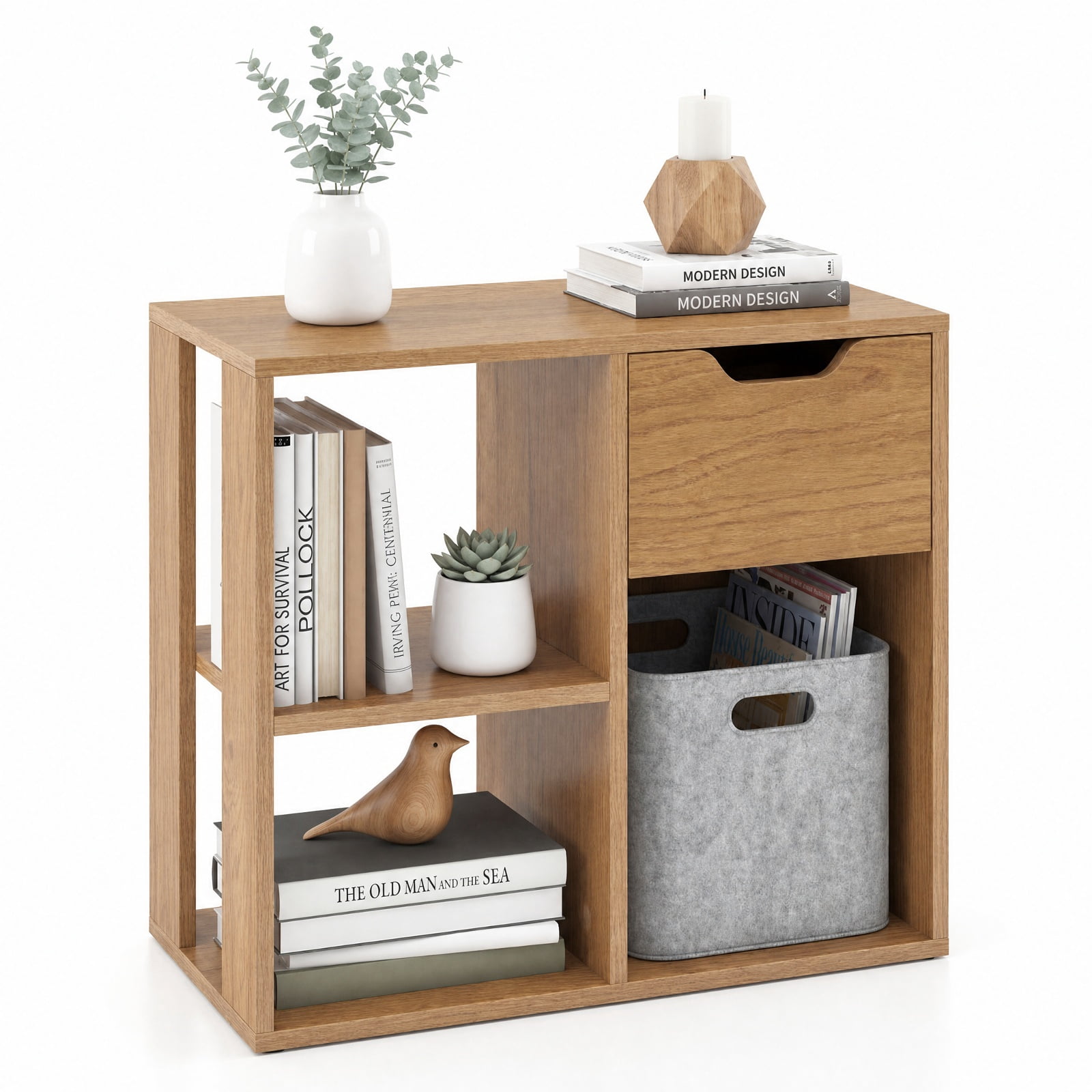 Furnibear 3-Cube Bookcase 2-tier Wooden Storage Shelf with Pull-out Drawer for Living Room Home Office Bedroom Display Storage Shelf, Natural