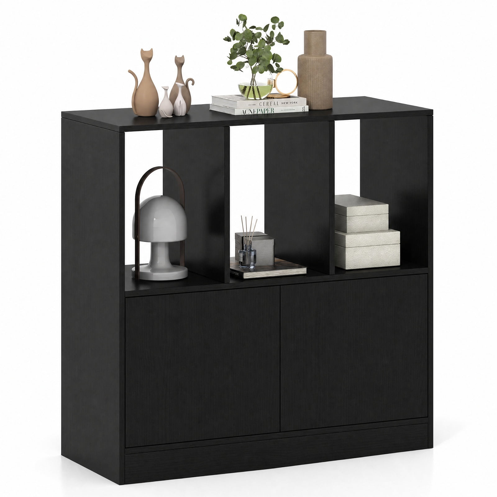 Furnibear 3-Cube Bookcase with Doors 3-Tier Cubic Bookshelf with Open Compartments and Cabinet for Living Room Home Office Bedroom Display, Black