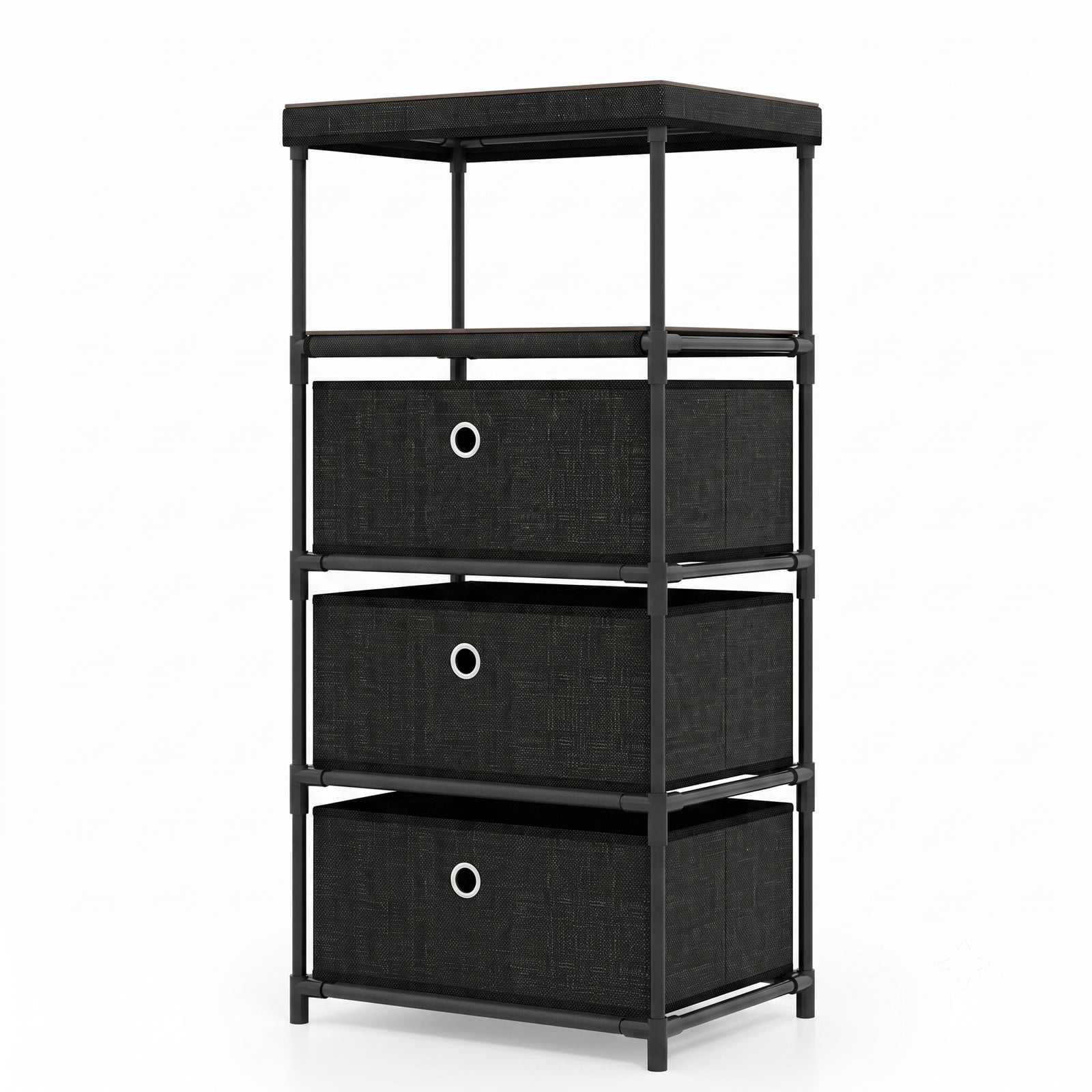 Furnibear 3-Drawer Fabric Storage Tower Dresser with Wood Top Open Shelf and Metal Frame for Bedroom Closet and Office, Black