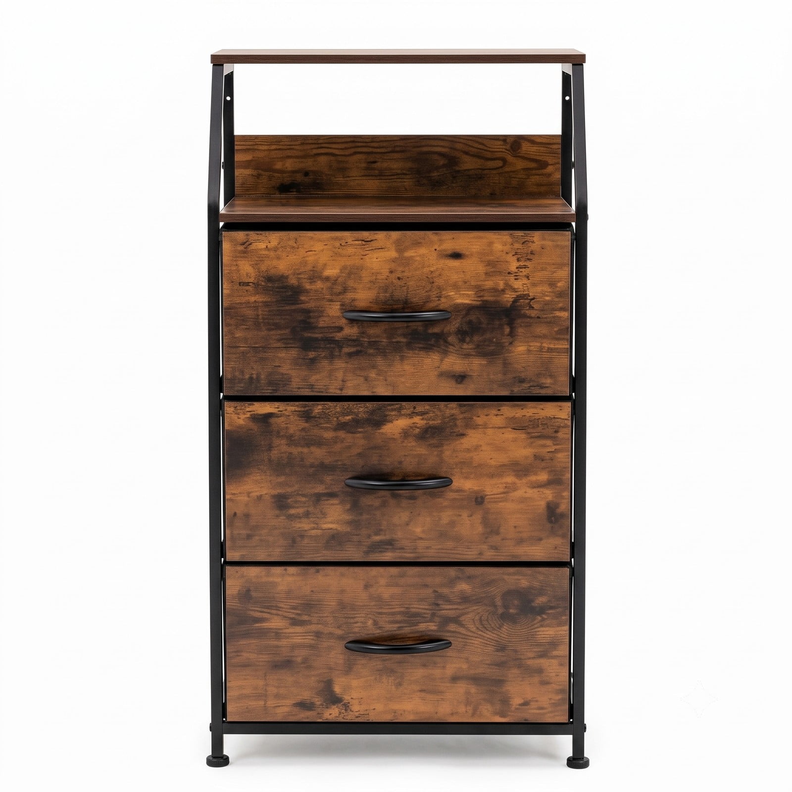Furnibear 3-Drawer Freestanding Dresser with Open Wooden Top Shelf and Sturdy Steel Frame for Bedroom Living Room and Office, Rustic Brown