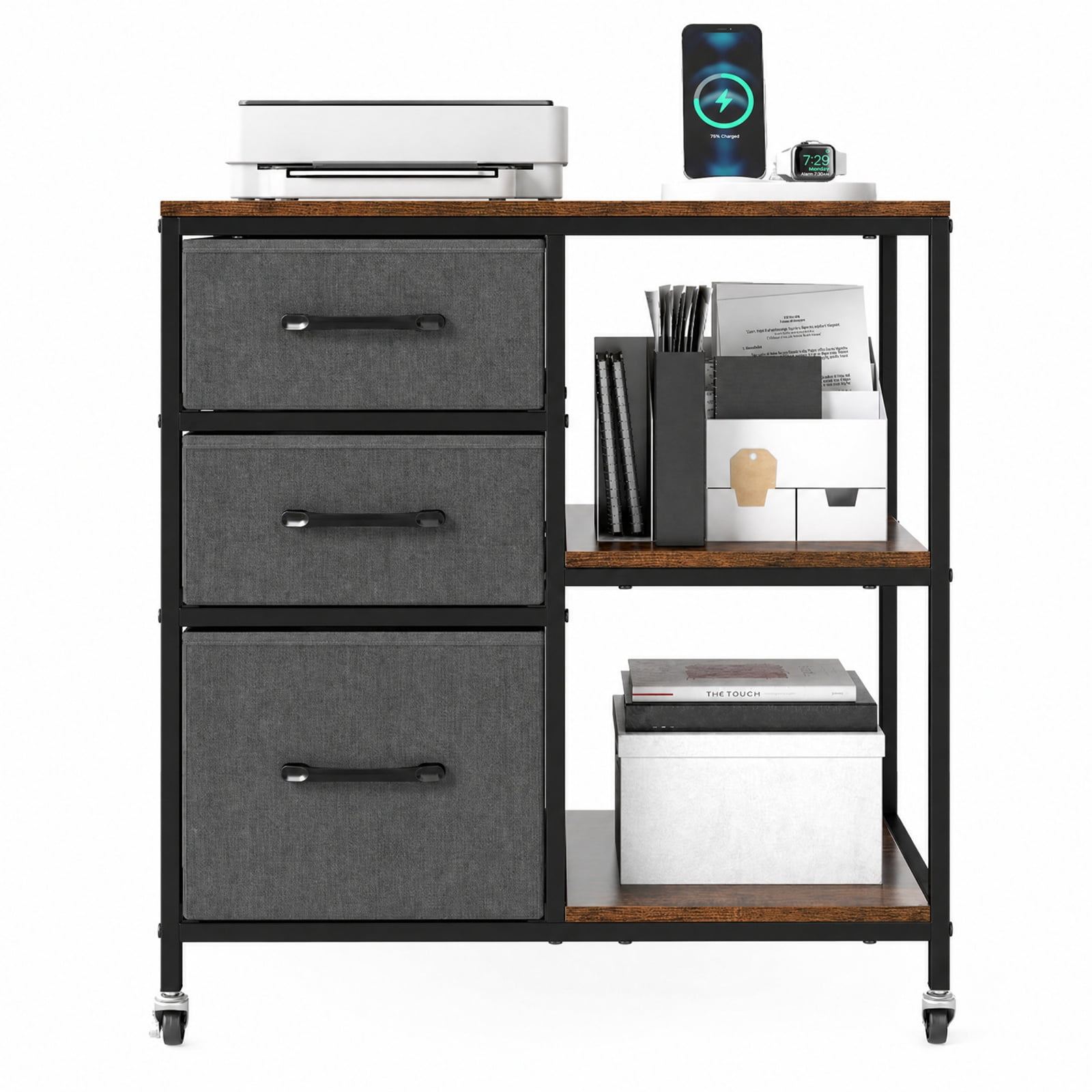 Furnibear 3 Drawer Mobile File Cabinet with Charging Station Rolling Printer Stand with Open Storage Shelves for Home Office Filing Document, Brown