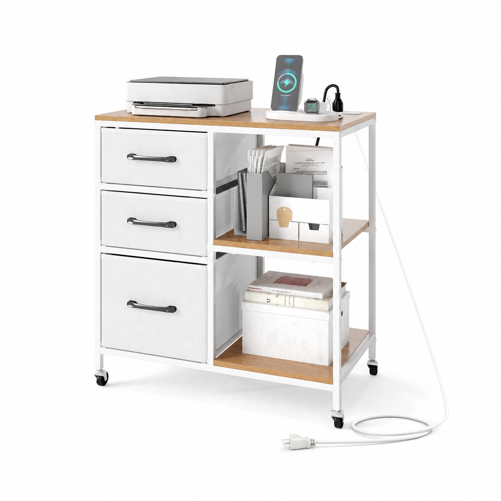 Furnibear 3 Drawer Mobile File Cabinet with Charging Station Rolling Printer Stand with Open Storage Shelves for Home Office Filing Document, Natural