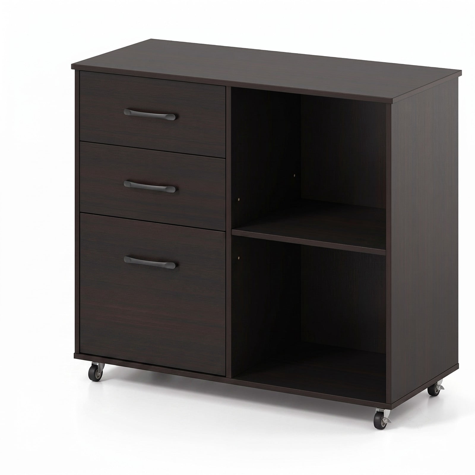 Furnibear 3-Drawer Mobile Lateral File Cabinet Printer Stand, Rolling Wood Filing Cabinet with Lockable Casters and Adjustable Shelf for Home Office, Fits, Dark Brown