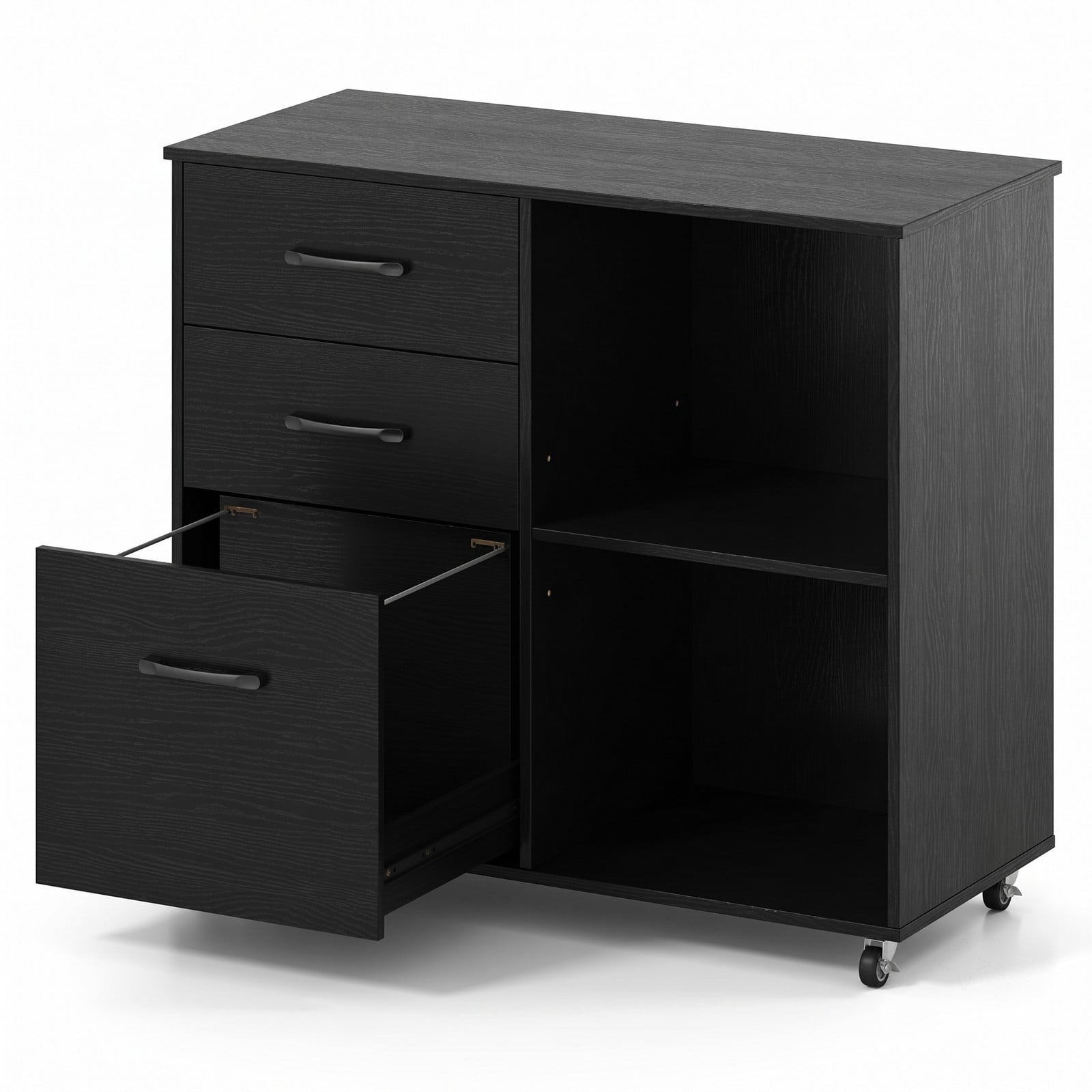 Furnibear 3-Drawer Mobile Lateral File Cabinet Printer Stand, Rolling Wood Filing Cabinet with Locking Wheels and 3-Level Shelf for Home Office, Holds A4 and, Black