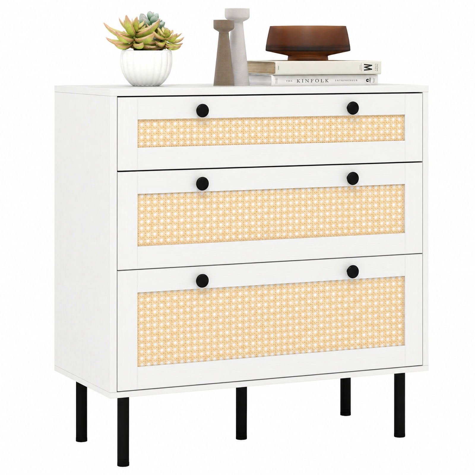 Furnibear 3-Drawer Rattan Nightstand Boho Chest of Drawers for Bedroom for Bedroom Closet Living Room Nursery Clothes Storage, White