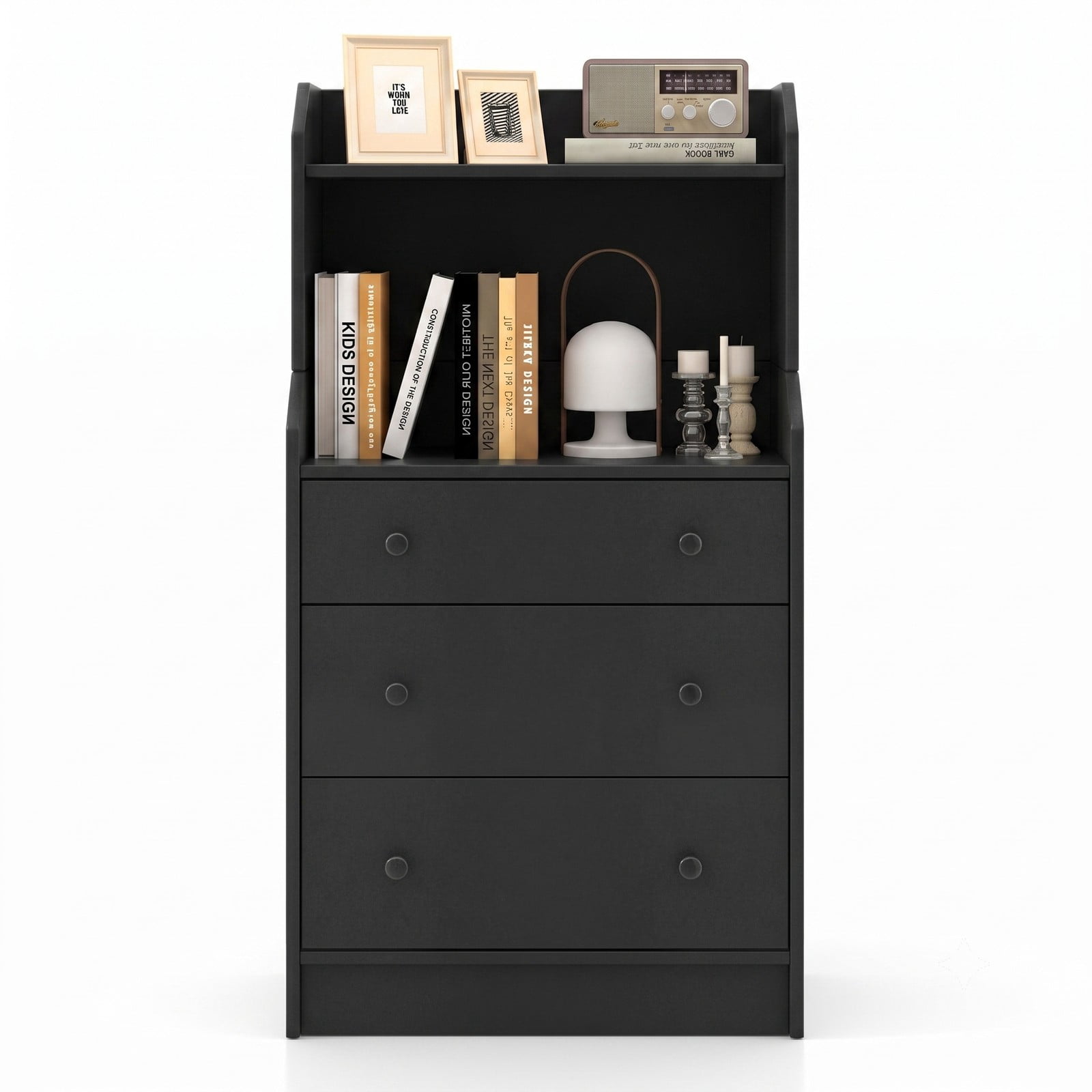 Furnibear 3-Drawer Storage Dresser with Open Display Shelves and Anti-Toppling Device for Bedroom Nursery and Entryway, Black
