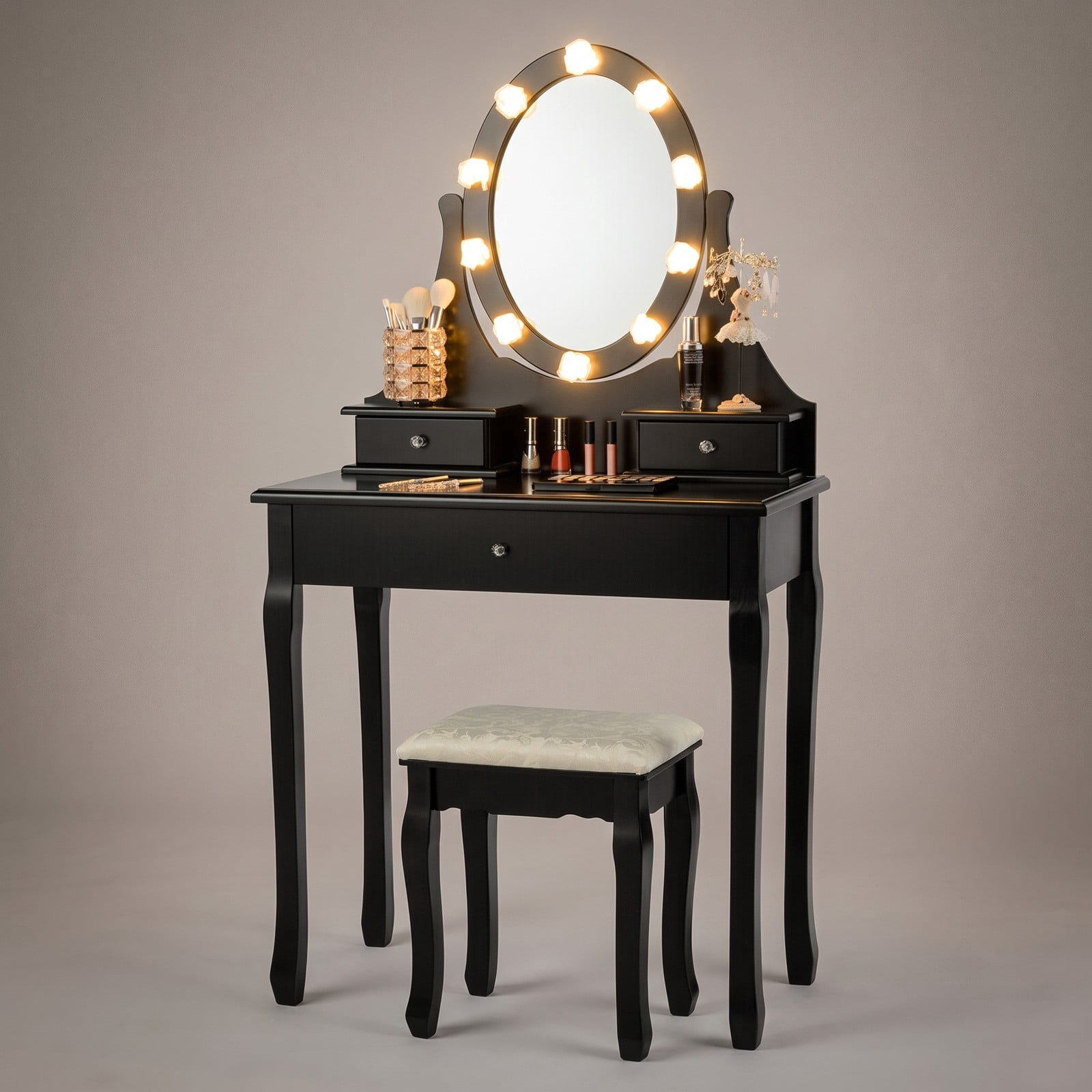 Furnibear Makeup Vanity Table Set with Lighted 360-Degree Rotating Mirror 3 Drawers Cushioned Stool for Bedroom, Black