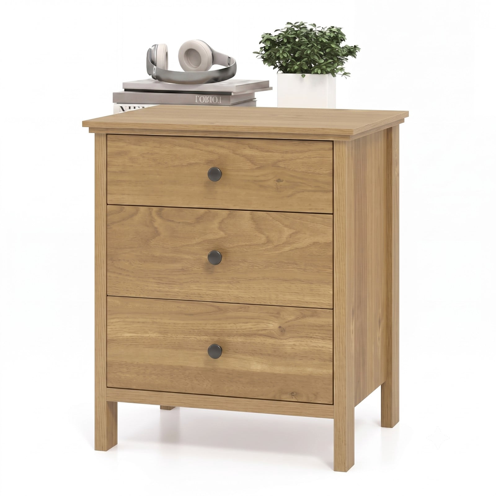 Furnibear 3-Drawer Wooden Nightstand with Wide Tabletop and Smooth Metal Slides for Bedroom Living Room and Study, Natural