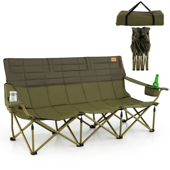 Furnibear 3 Person Folding Camping Chair Oversized Padded Loveseat Couch with 2 Cup Holders, Adjustable Armrests, Oxford Cotton Padding, 900 LBS Metal Frame and Storage Bag, Green