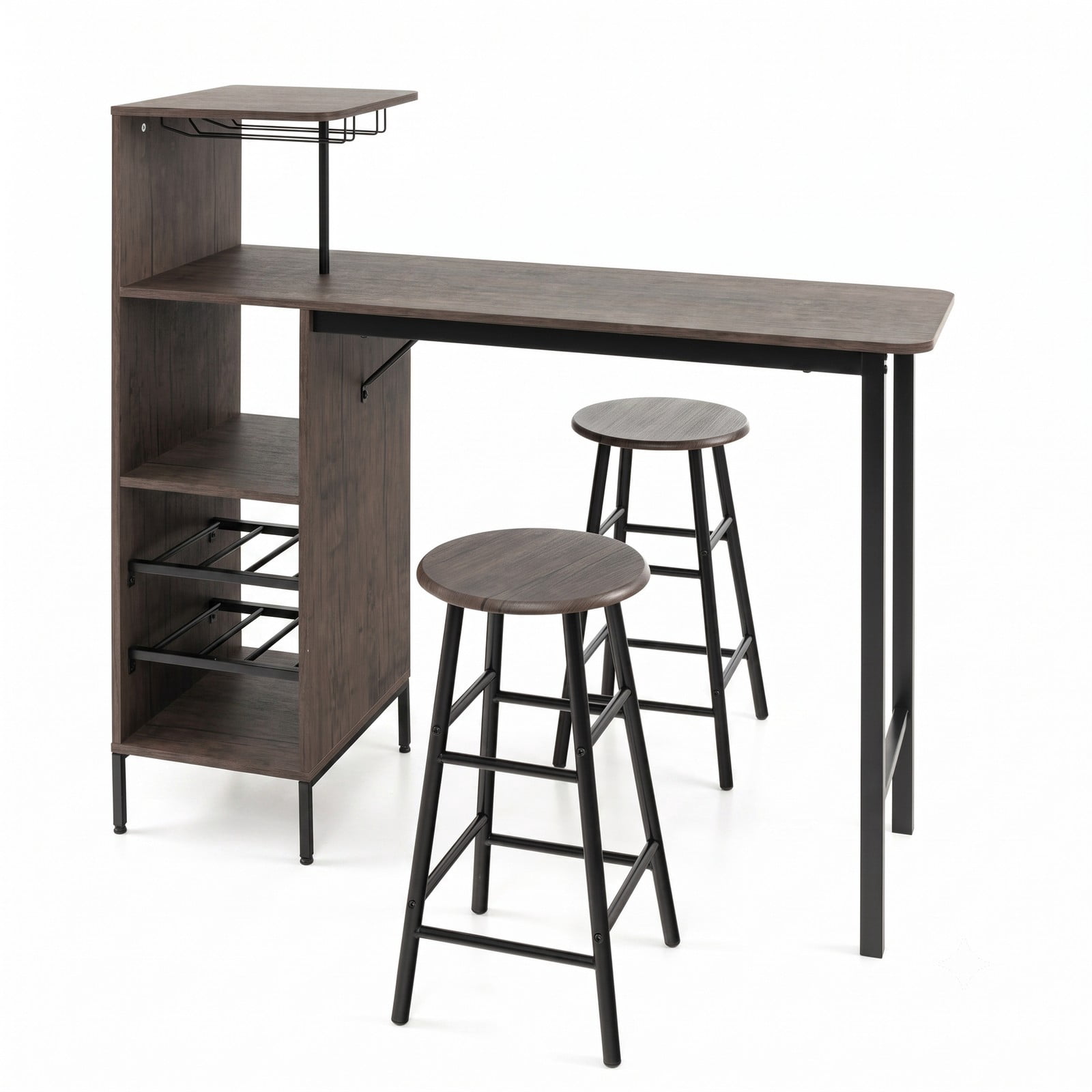 Furnibear 3 Piece Bar Table and Chairs Set with 6-Bottle Wine Rack, Counter Height Pub Dining Table Set with 2 Stools and Storage Shelves for Kitchen Breakfast, Brown