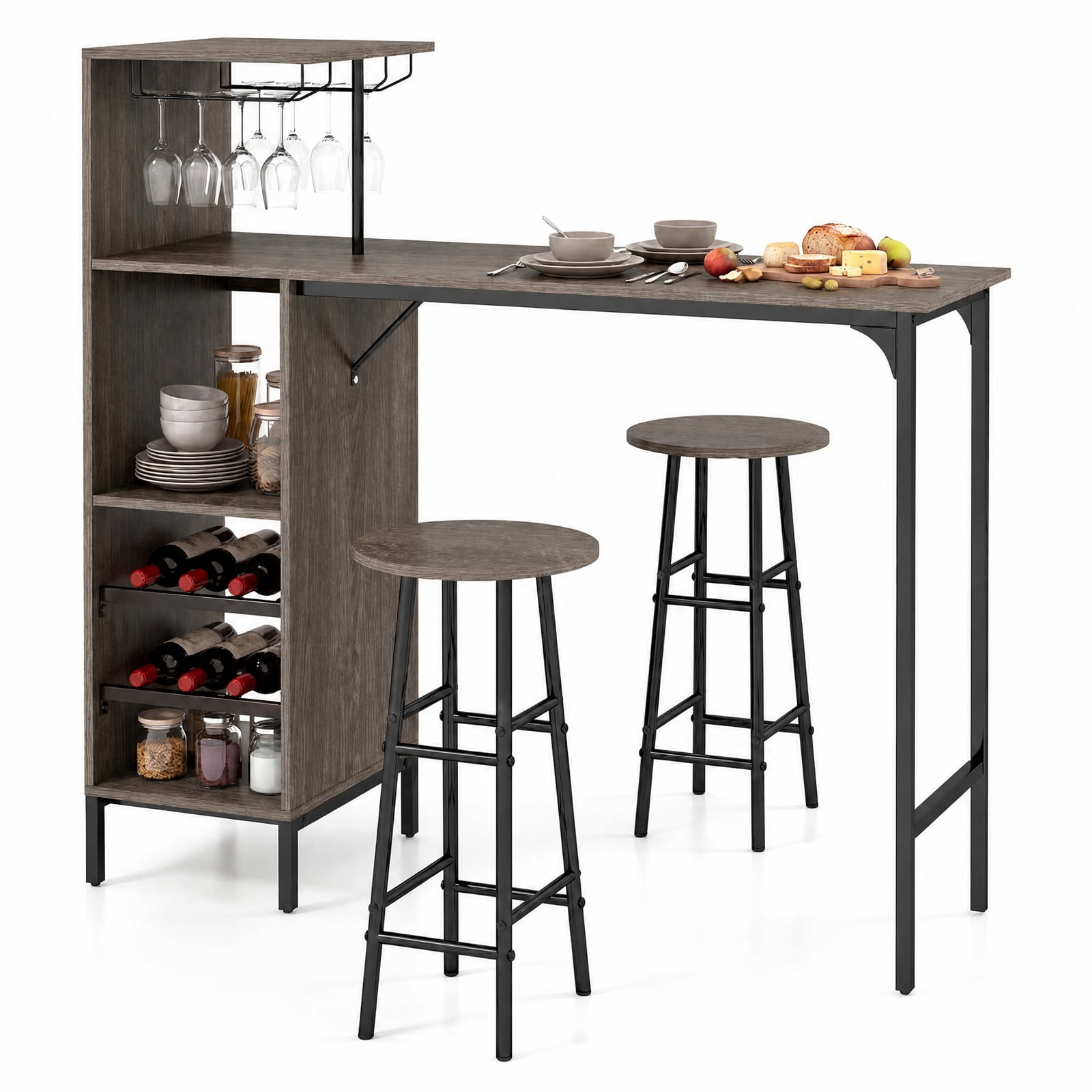 Furnibear 3 Piece Bar Table and Chairs Set with 6-Bottle Wine Rack for Kitchen Dining Room Breakfast Nook Home, Oak