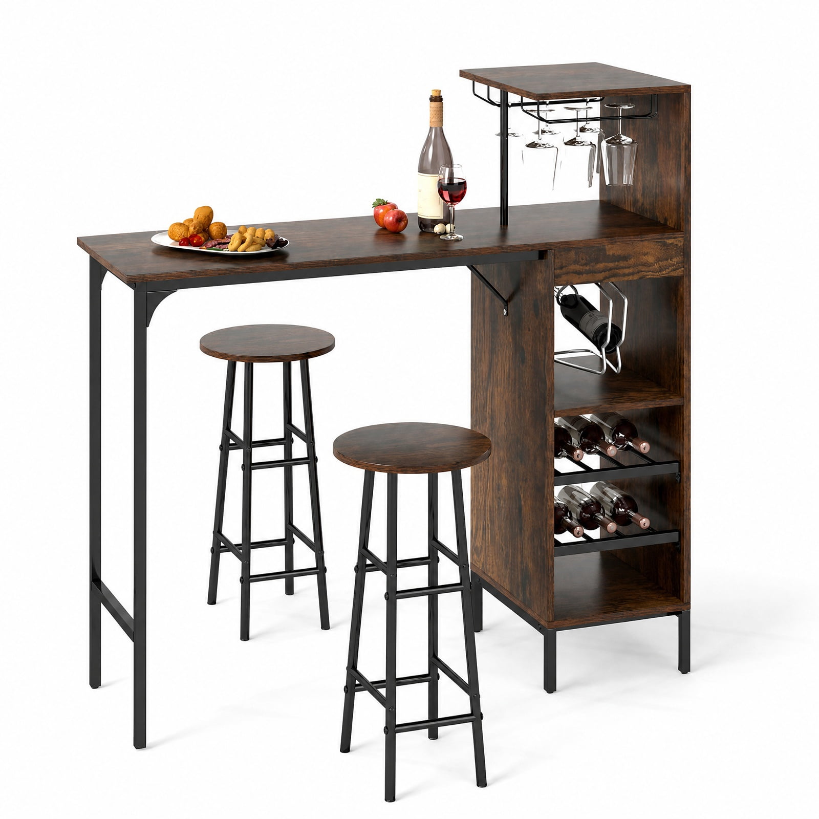 Furnibear 3 Piece Bar Table and Chairs Set with 6-Bottle Wine Rack for Kitchen Dining Room Breakfast Nook Home, Rustic Brown