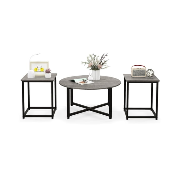 Furnibear 3-Piece Coffee Table Set Round Coffee Table and 2PCS Square End Tables - Gray - Living Room Cocktail Center Table