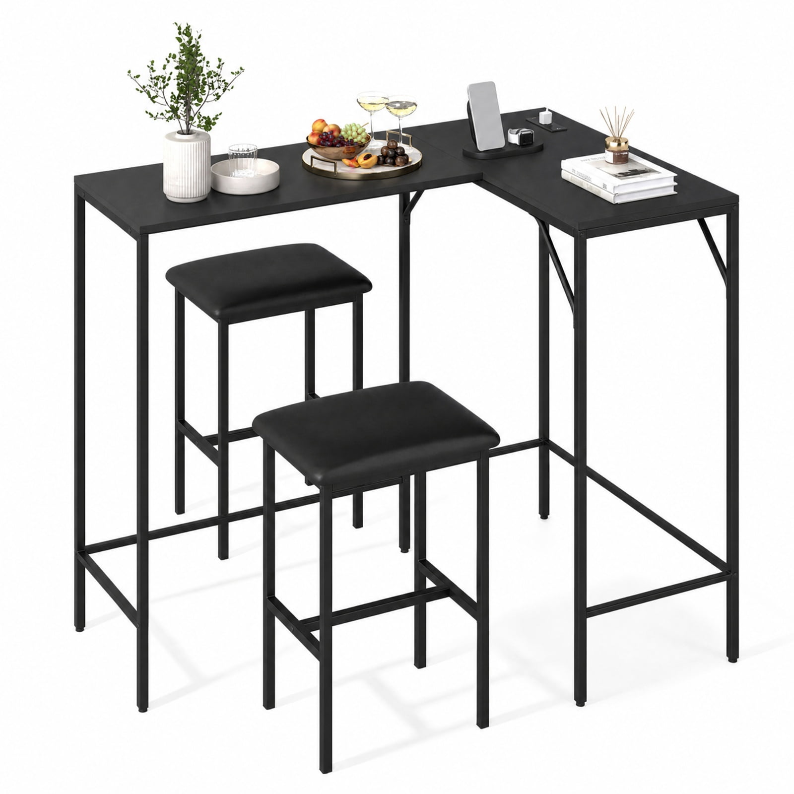 Furnibear 3-Piece Convertible L-Shaped Kitchen Table Chair Set with 2 AC Outlets USB Port and Type-C Port for Kitchen Dining Room Breakfast, Black