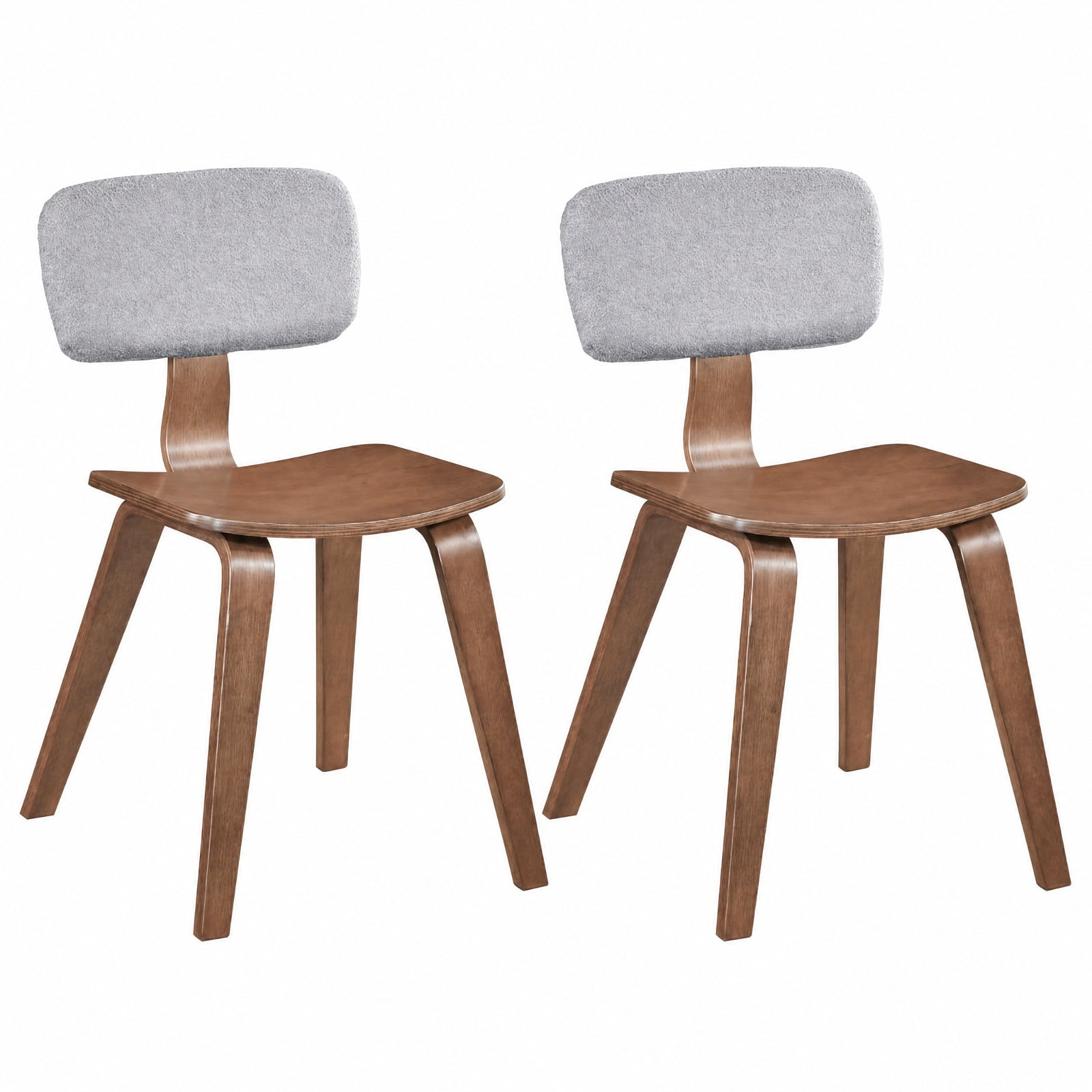 Furnibear Set of 2 Upholstered Dining Chairs with Teddy Velvet Padded Curved Backrest, Solid Rubber Wood Frame,Armless for Kitchen and Dining Room, Grey and Walnut