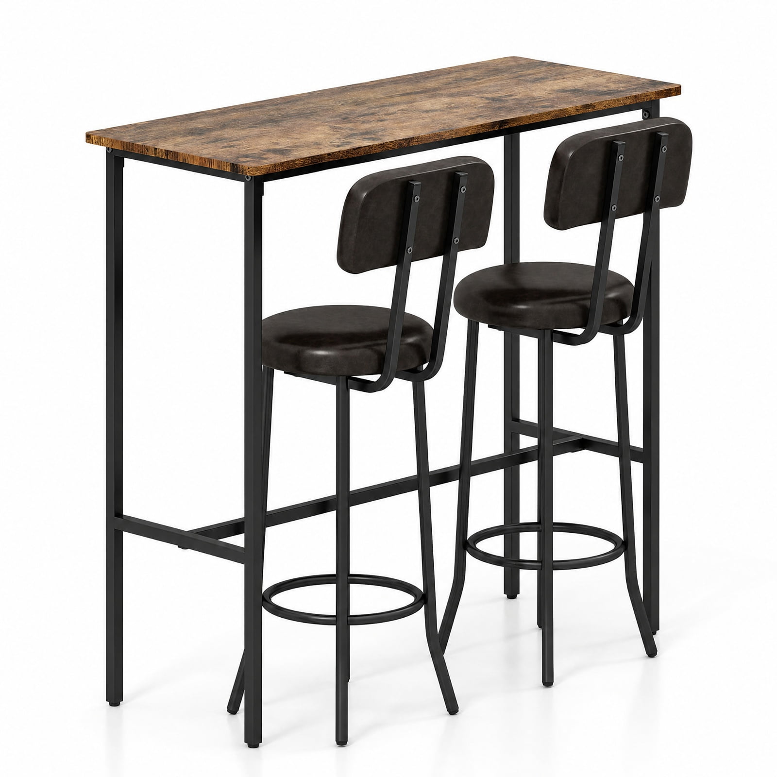 Furnibear 3-Piece Industrial Bar Table Set with 2 Upholstered Stools and Footrests for Dining Room for Kitchen Dining Room Breakfast, Rustic Brown