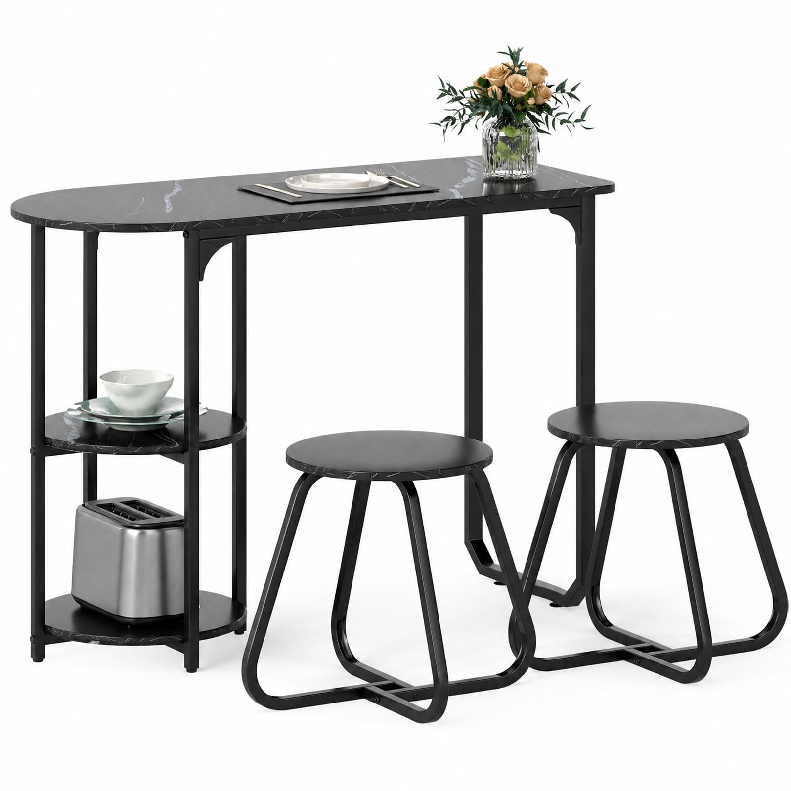 Furnibear 3 Piece Industrial Dining Table Set for Small Space with 2 Stools and Side Shelves for Kitchen and Apartment, Black