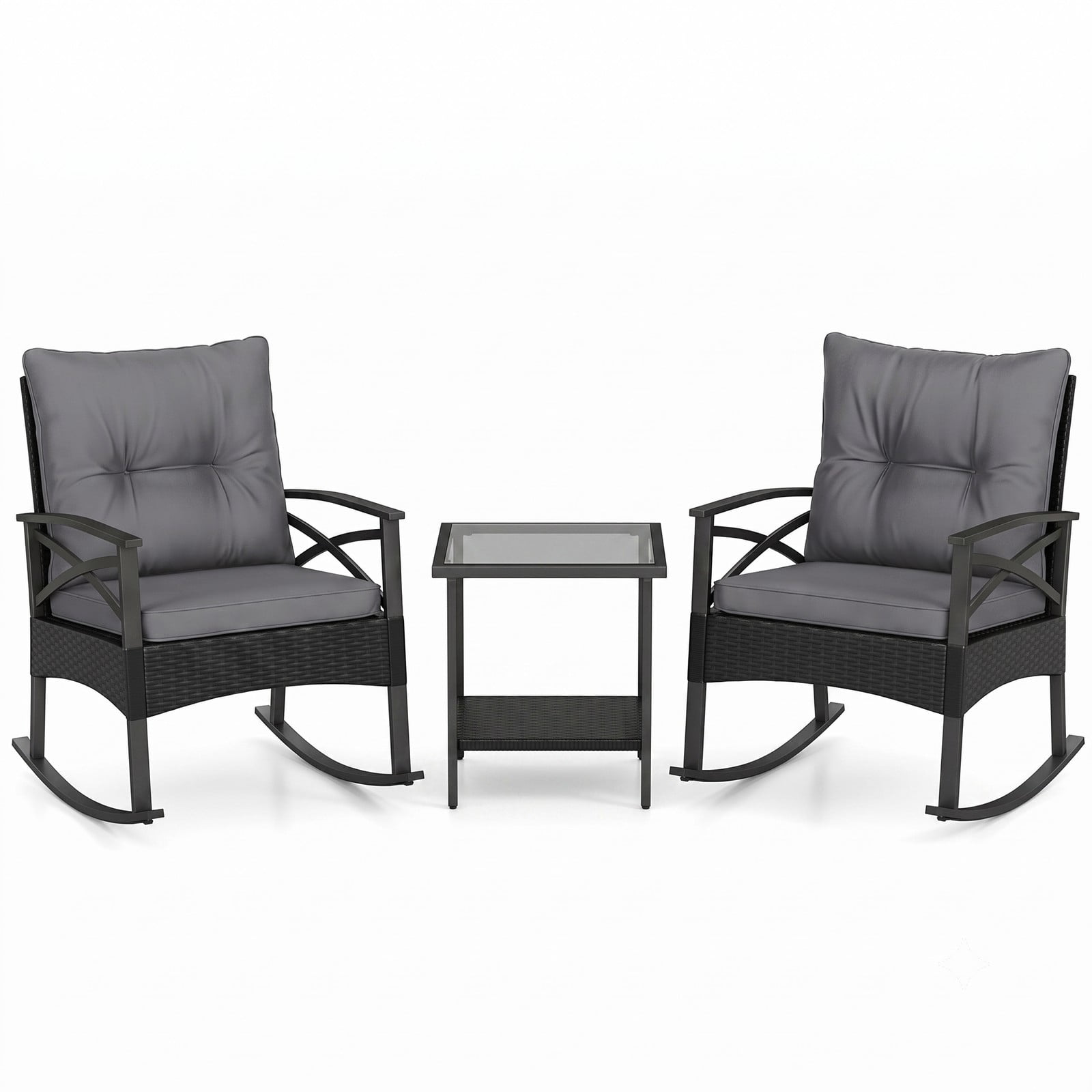 Furnibear 3 Piece Outdoor Rattan Rocking Chair Set, Patio Conversation Furniture with 2-Tier Side Table, Handwoven PE Wicker Glider Chairs and Cushions, Black and Gray