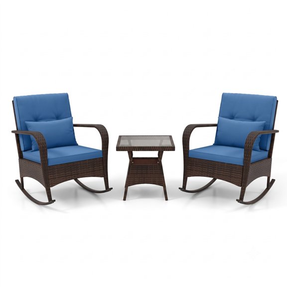 Furnibear 3 Piece Outdoor Rattan Rocking Conversation Set with Cushioned Rocking Chairs and Glass Coffee Table for Patio, Blue