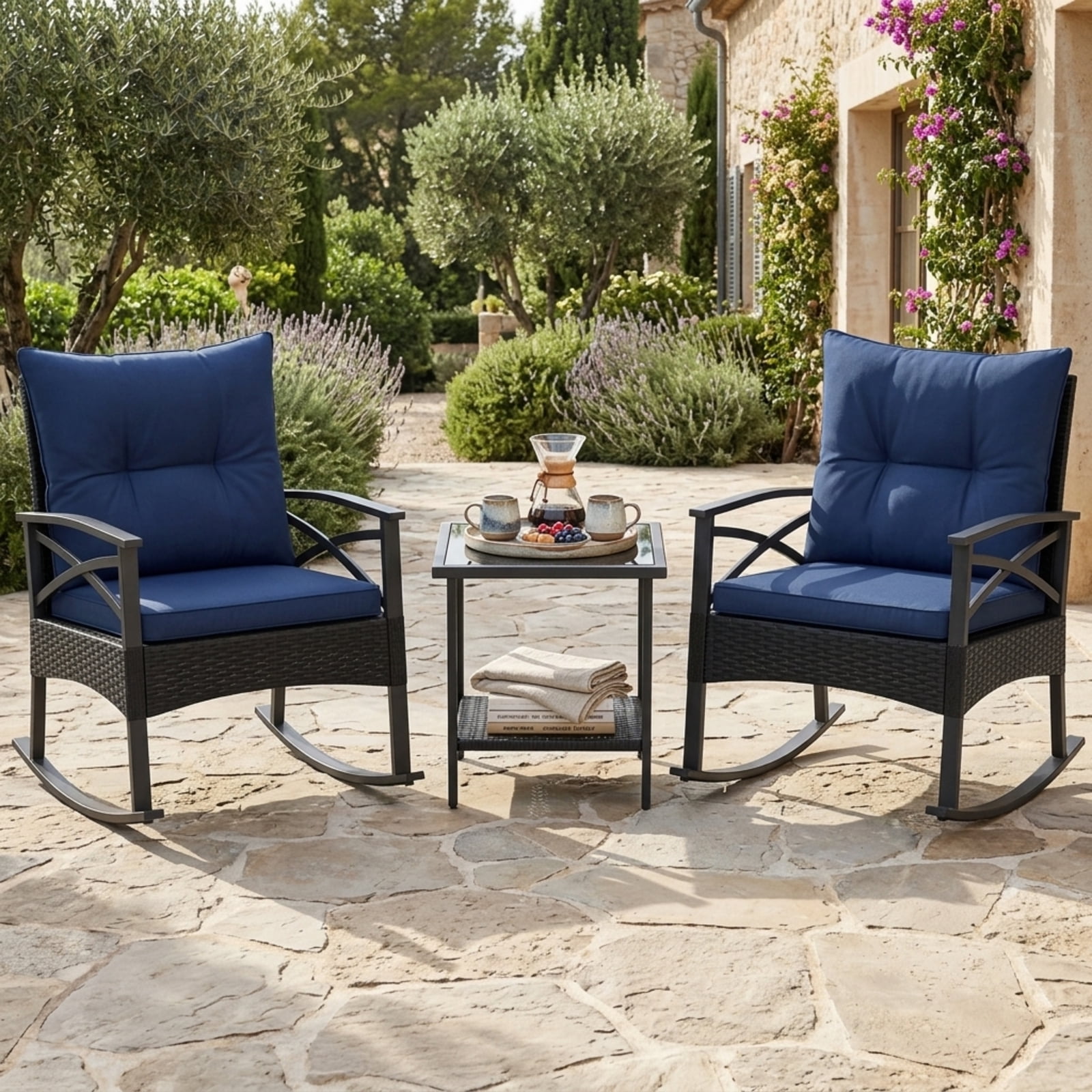 Furnibear 3-Piece Outdoor Rocking Chair Set with Side Table, 2 Wicker Rocking Chairs, Navy Cushions, 400 lbs Capacity, Patio Garden Backyard
