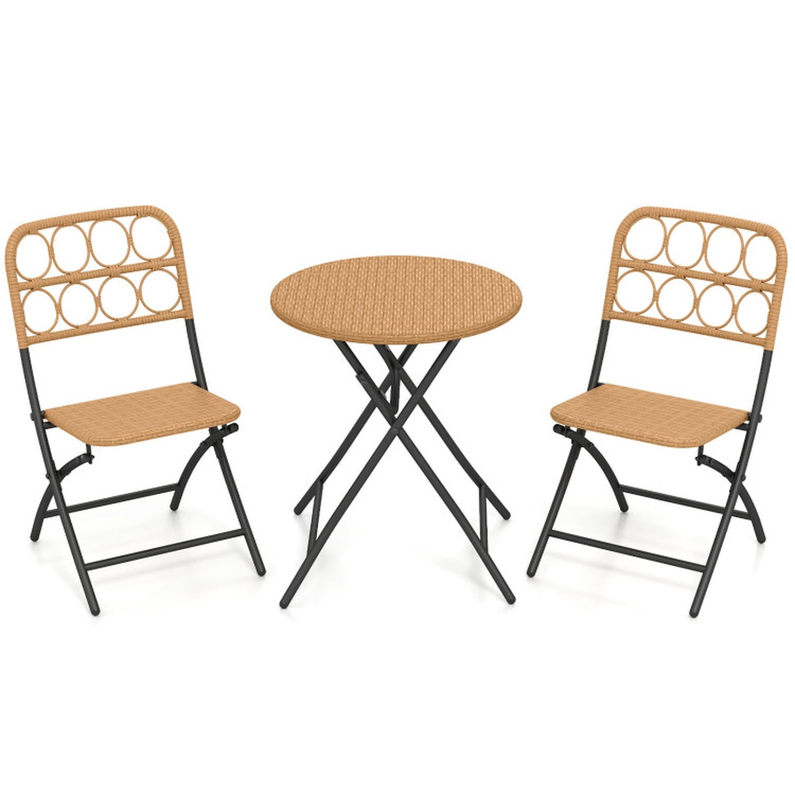 Furnibear 3 Piece Patio Bistro Set, Folding Outdoor Bistro Set with Round Table and Wicker Seat Chairs for Balcony Porch Garden, Light Brown
