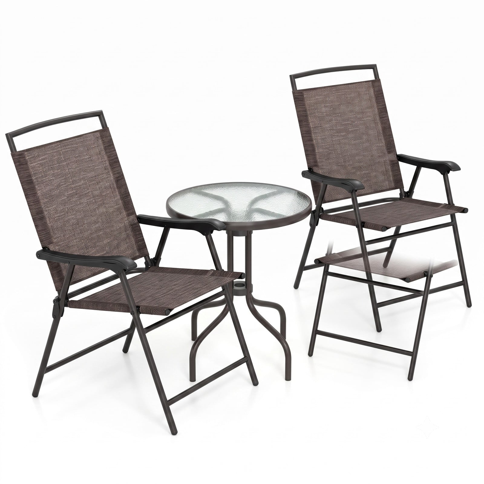Furnibear 3 Piece Patio Bistro Set with 2 Folding Sling Chairs and Round Rippled Tempered Glass Top Table for Backyard Balcony, Brown