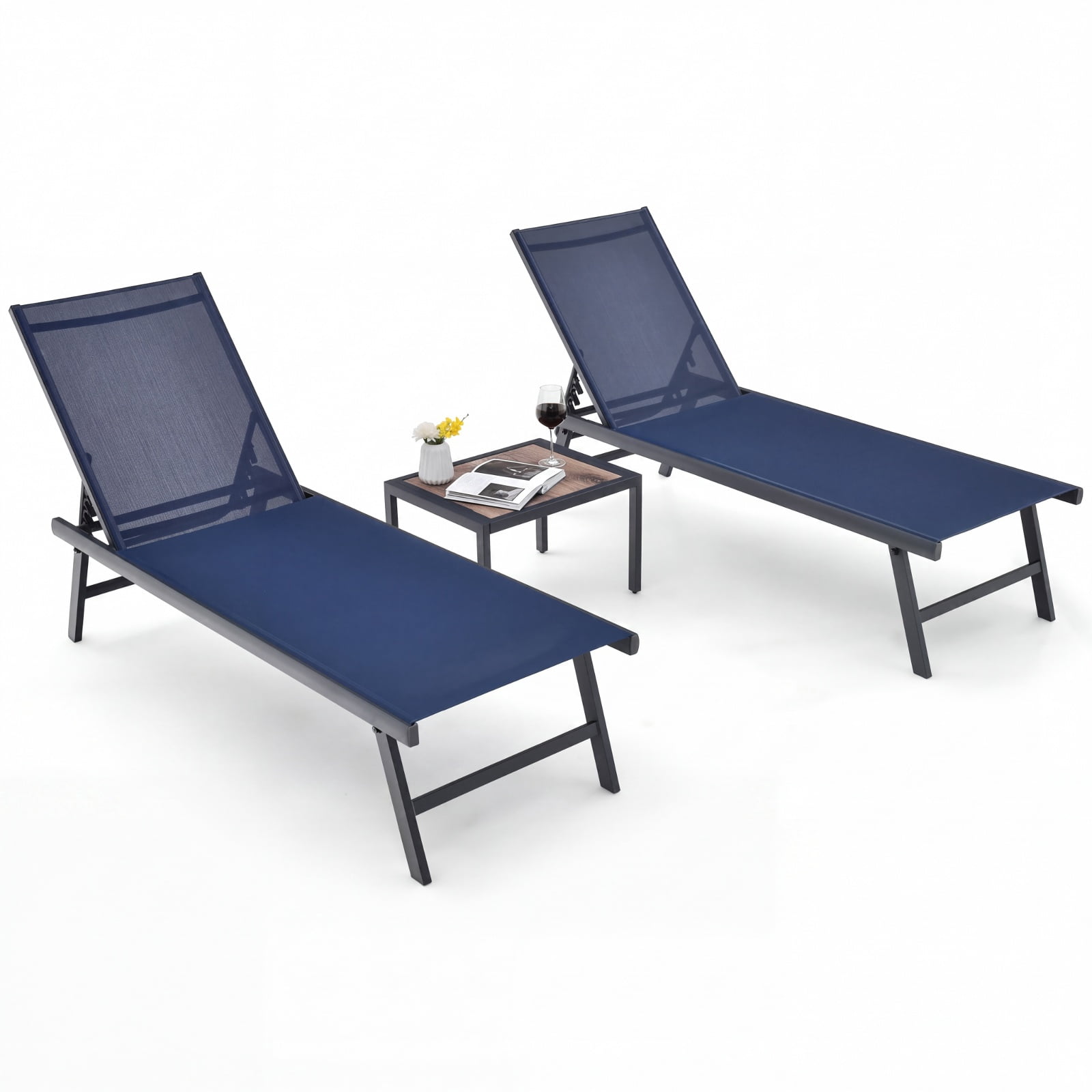 Furnibear 3 Piece Patio Chaise Lounge Set of 2 with Adjustable Backrest Aluminum Frame Breathable Seat and DPC Side Table for Poolside Yard, Navy