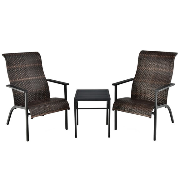 Furnibear 3 Piece Patio Rattan Bistro Set with High Backrest Ergonomic Armrest 2 Weather Resistant PE Wicker Chairs and Hollow Out Coffee Table Steel Frame for Balcony, Brown