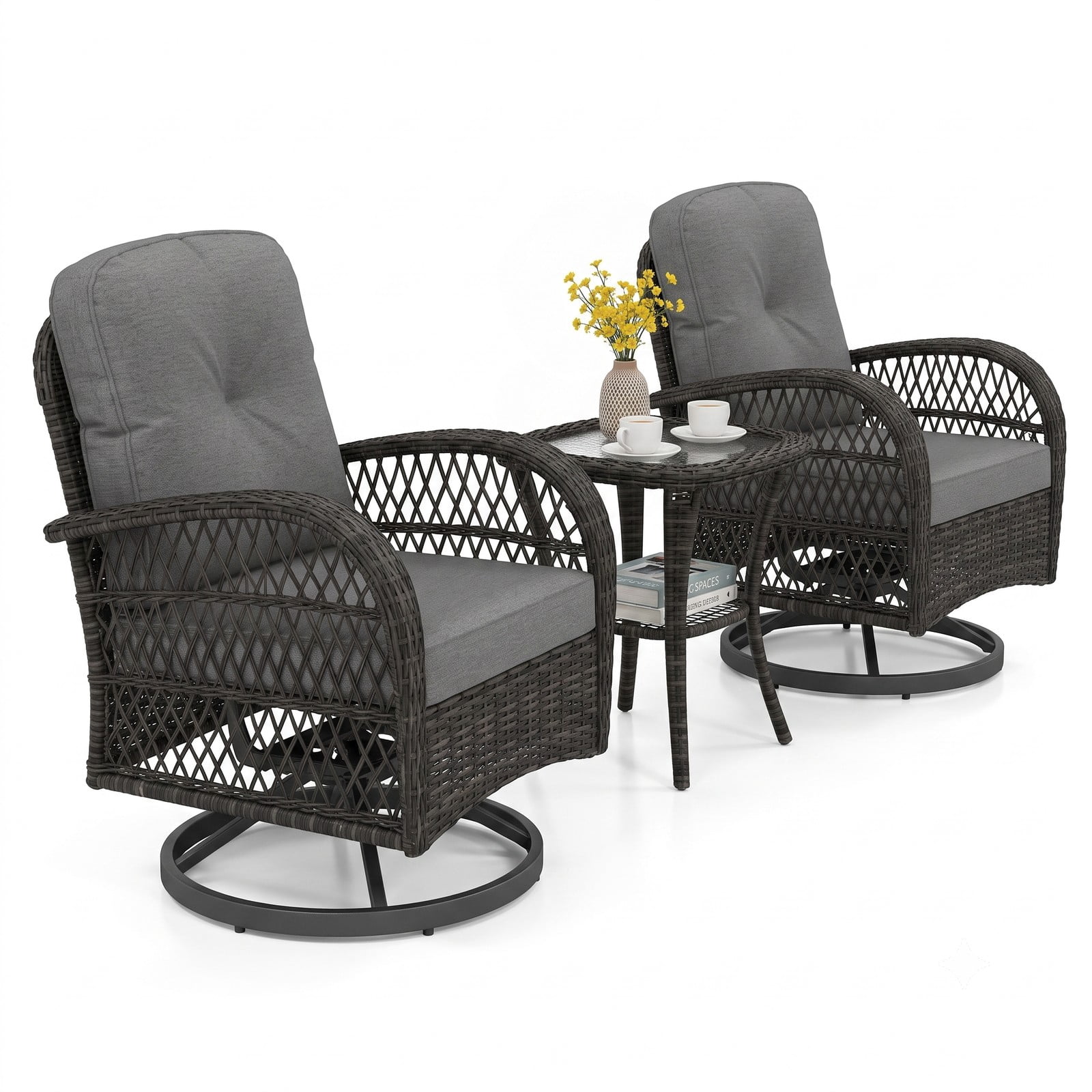 Furnibear 3 Piece Patio Swivel Rocker Conversation Set, Outdoor PE Rattan Glider Chairs with Tempered Glass Side Table and Thick Cushions for Backyard, Dark Gray