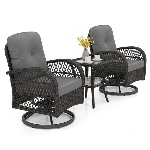 Furnibear 3 Piece Patio Swivel Rocker Conversation Set, Outdoor PE Rattan Glider Chairs with Tempered Glass Side Table and Thick Cushions for Backyard, Dark Gray
