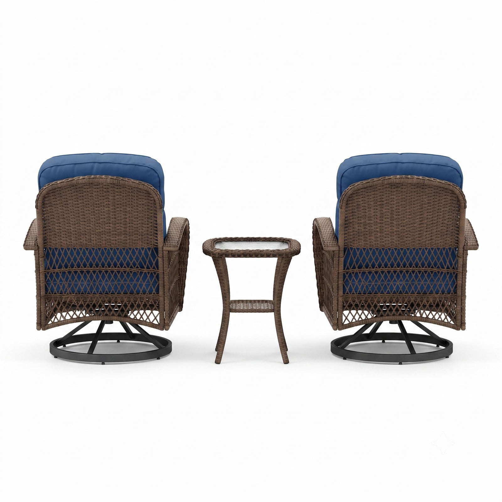 Furnibear 3 Piece Patio Swivel Rocker Conversation Set, Outdoor PE Rattan Glider Chairs with Tempered Glass Side Table and Thick Cushions for Backyard Poolside, Navy