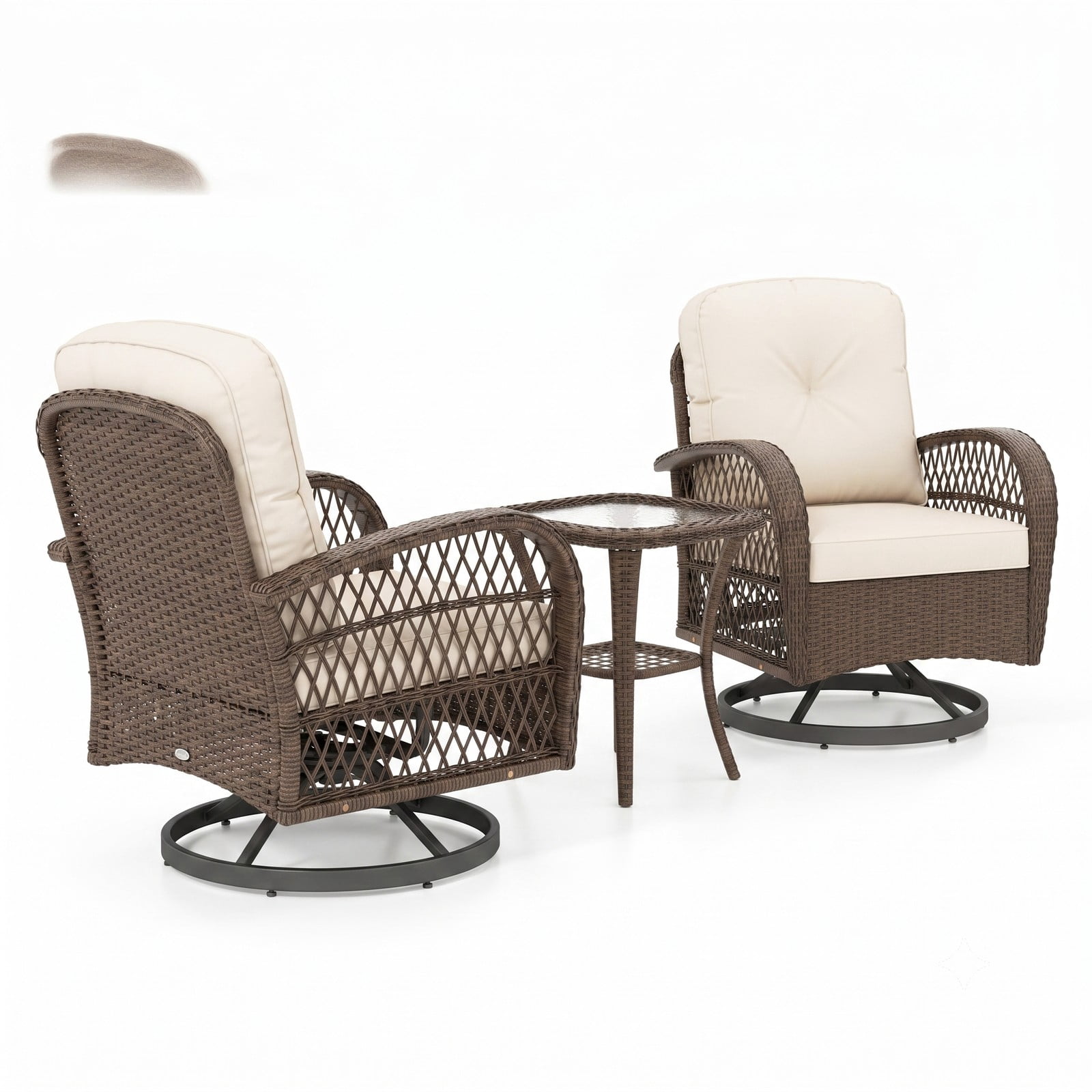 Furnibear 3 Piece Patio Swivel Rocker Conversation Set, Outdoor PE Rattan Glider Chairs with Tempered Glass Side Table and Thick Cushions for Backyard Poolside, White