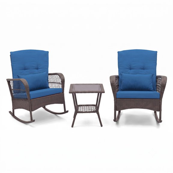 Furnibear 3 Piece Rattan Rocking Bistro Set with 2 Tier Coffee Table and Cushions for Weather Resistant Patio Backyard and Balcony, Blue