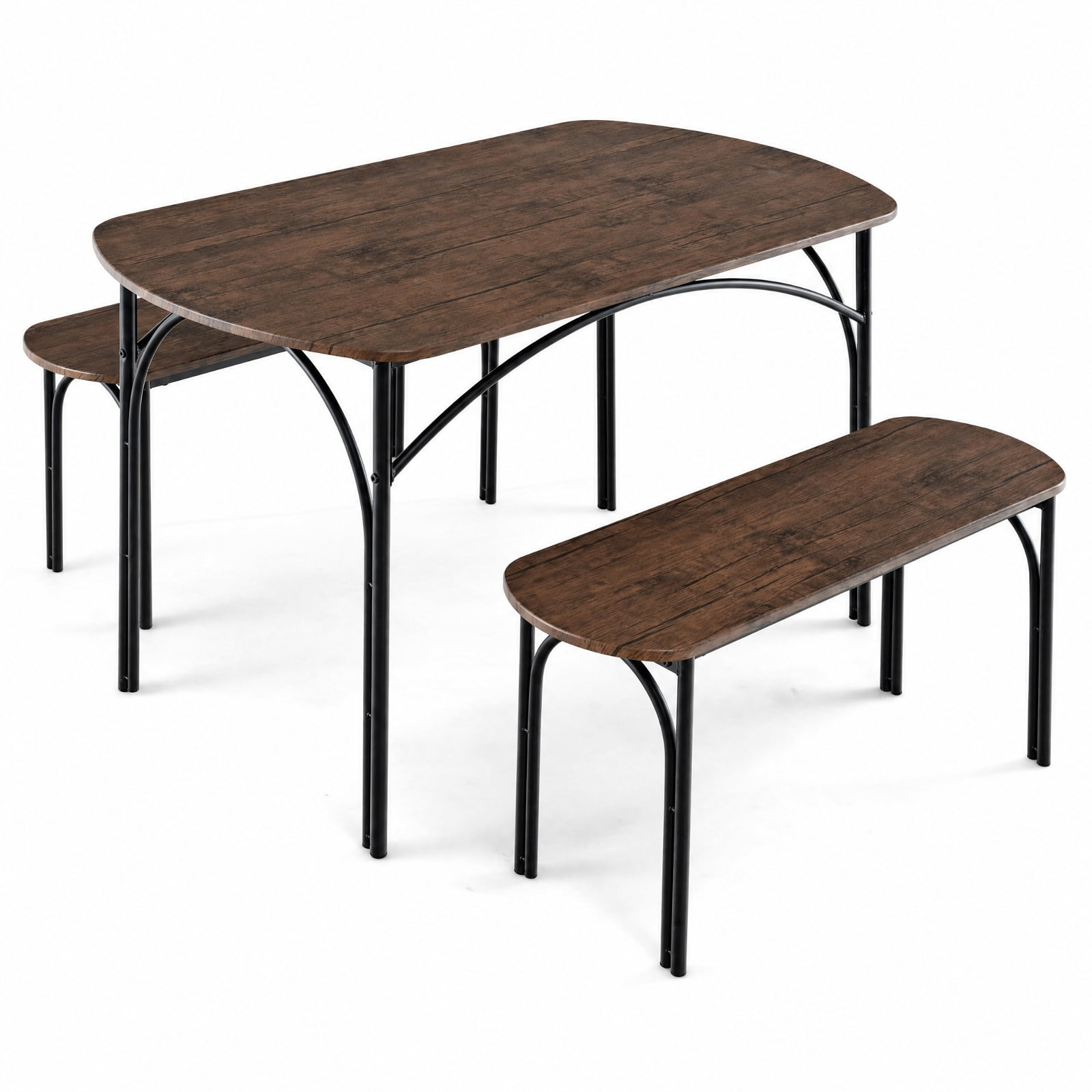 Furnibear 3 Piece Rectangular Dining Table Set for 4 with 2 Benches and Powder Coated Metal Frame for Kitchen and Apartment, Brown