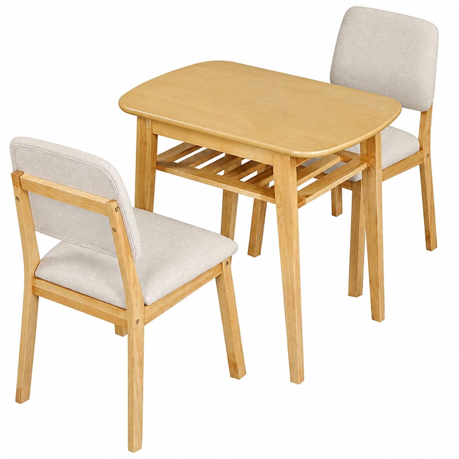 Furnibear 3 Piece Small Dining Table Set for 2 with Upholstered Chairs and Built in Storage Rack for Kitchen Breakfast Nook and Apartment, Natural