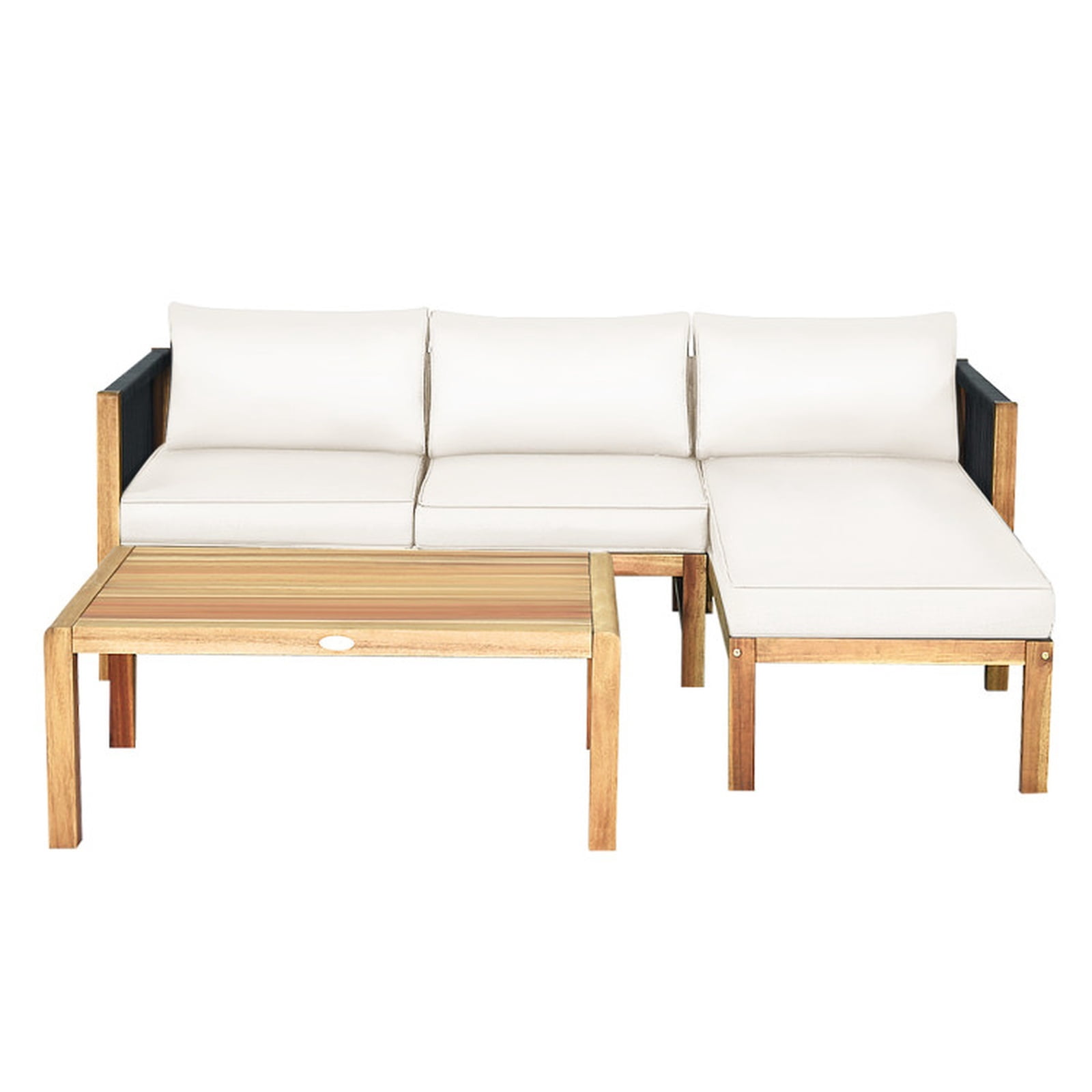 Furnibear 3 Pieces Patio Furniture Set Outdoor Acacia Wood Conversation Sofa Set with Nylon Rope Armrest and Thick Padded Cushions for Backyard Garden Deck, White