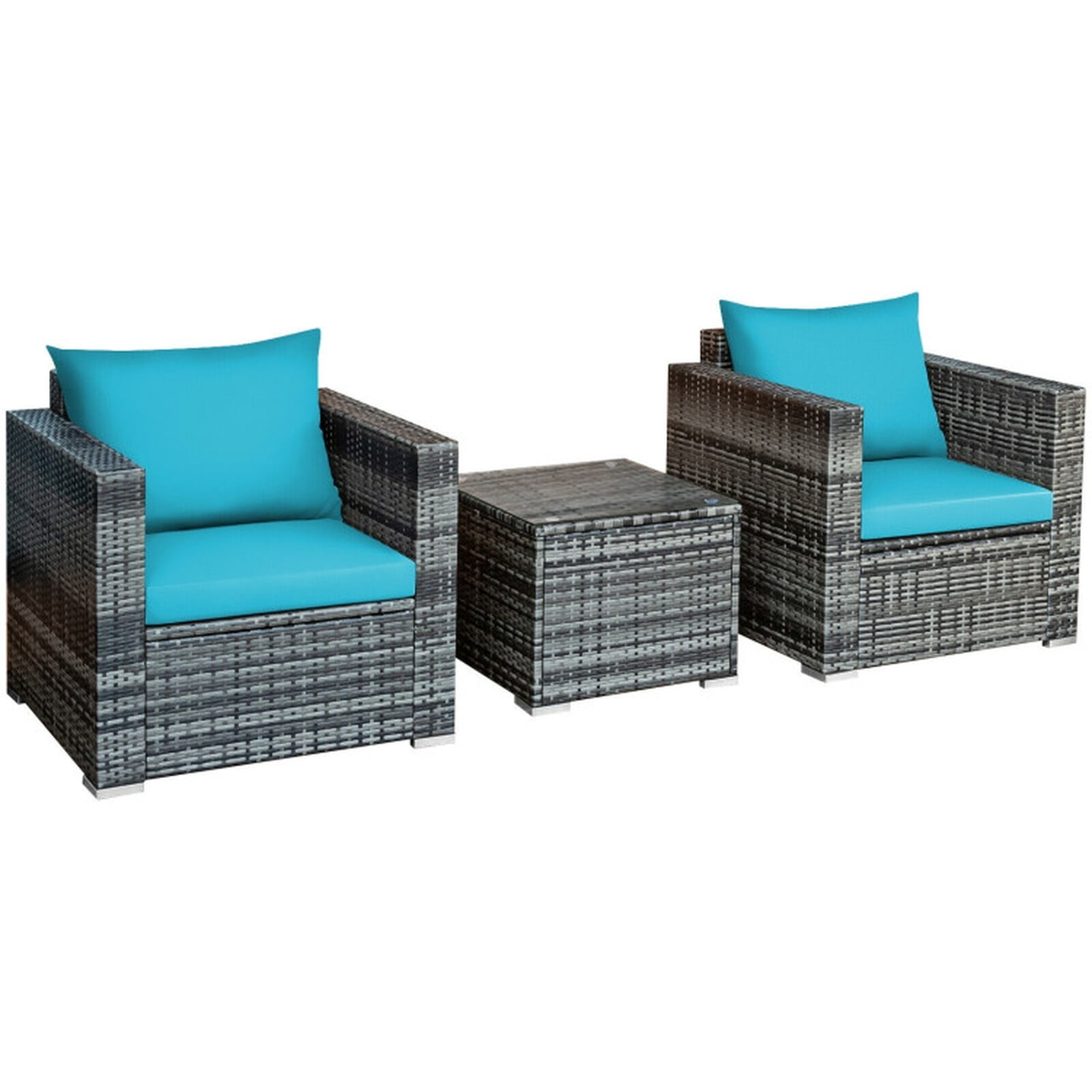 Furnibear 3 Pieces Patio Rattan Furniture Bistro Sofa Set Outdoor Conversation Set with Cushioned Chairs and Glass Table, Mix Gray