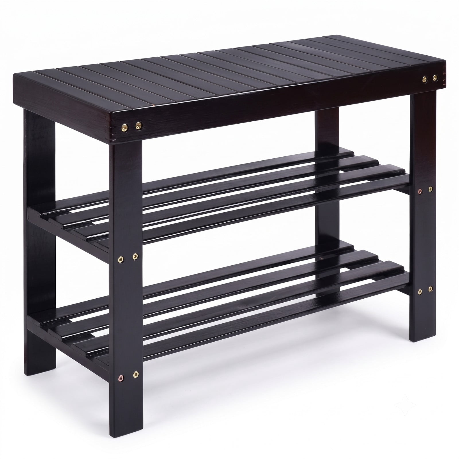 Furnibear 3-Tier Bamboo Shoe Bench with Bench Seat and 2 Slatted Storage Shelves for Entryway Bedroom and Bathroom, Black