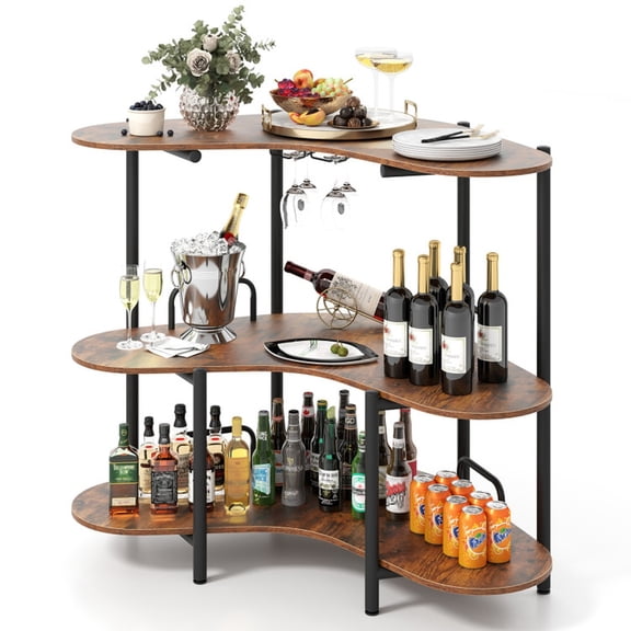 Furnibear 3-Tier Bar Table with Stemware Racks, Pub Table with Wine Glass Holders and Storage Shelves for Home Bar, Rustic Brown
