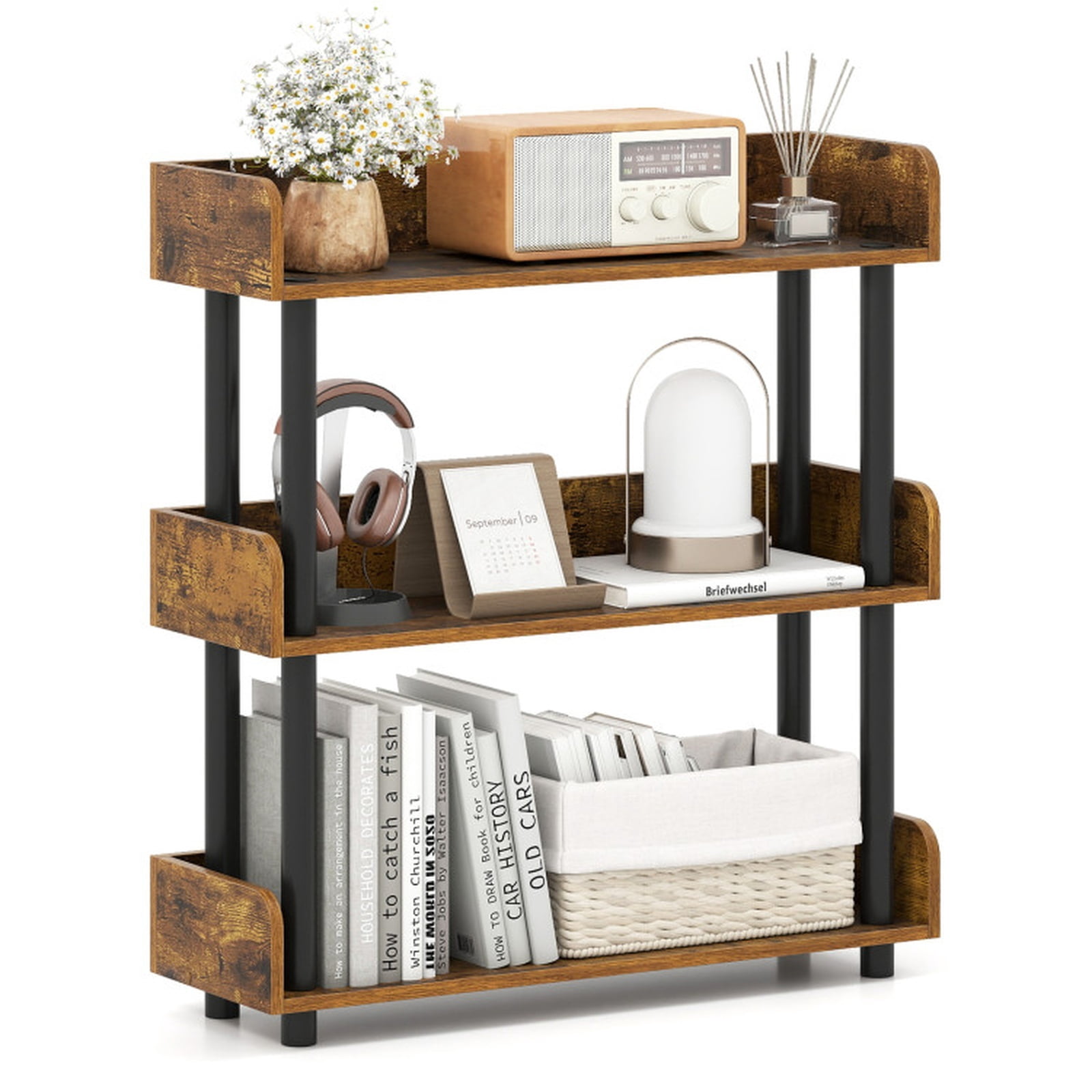 Furnibear 3-Tier Bookshelf with Anti-Tipping Kit and Industrial Storage Unit for Living Room Rustic Brown, 31.5" x 10.5" x 34.5"